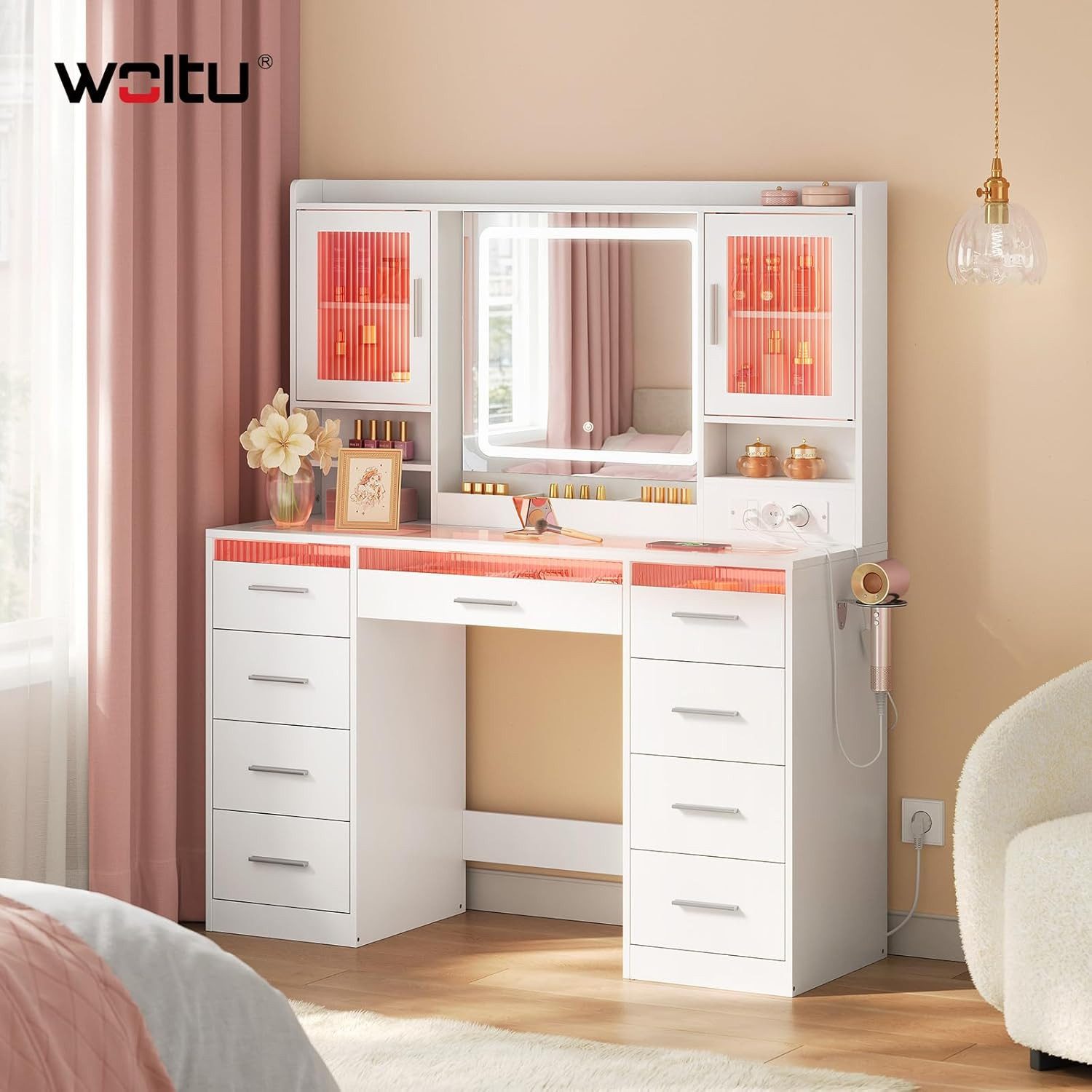 Woltu Schminktisch (1-St), mit RGB- und LED-Beleuchtung mit transparenter Glasplatte