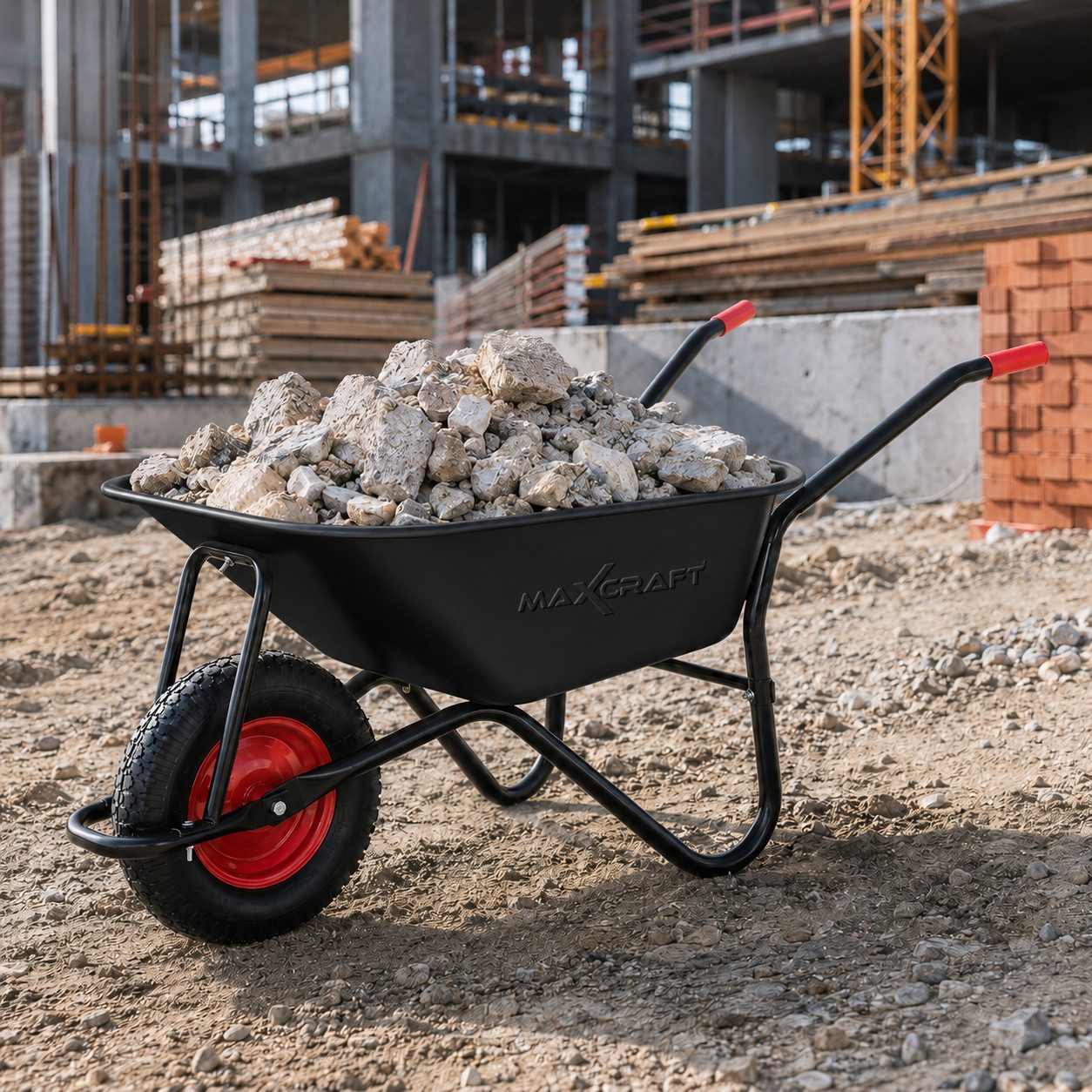 MAXCRAFT Schubkarre Bauschubkarre 250 kg 100 L Gartenkarre Luftbereifung Schwarz / Rot