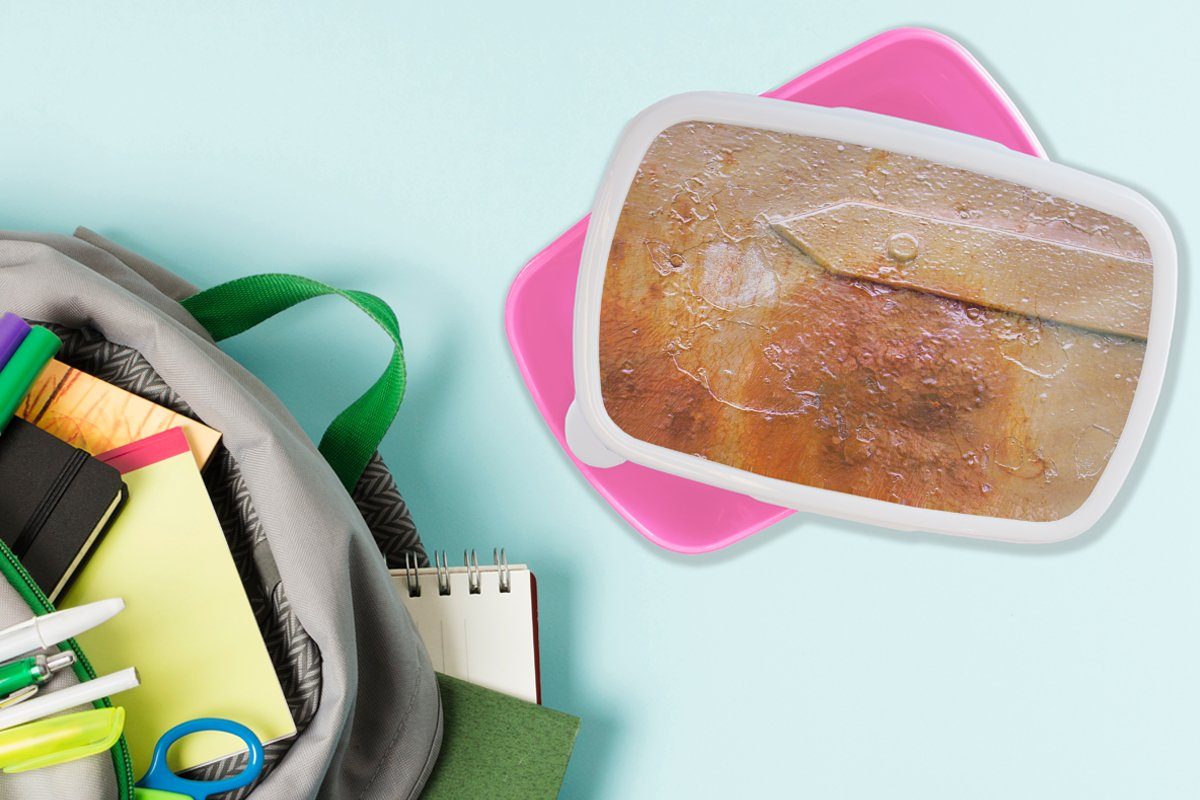 MuchoWow Lunchbox Brotdose Eisen, Mädchen, Brotbox Kunststoff, (2-tlg), für Kinder, - Erwachsene, - Retro Stahl Rost - rosa Snackbox, Kunststoff