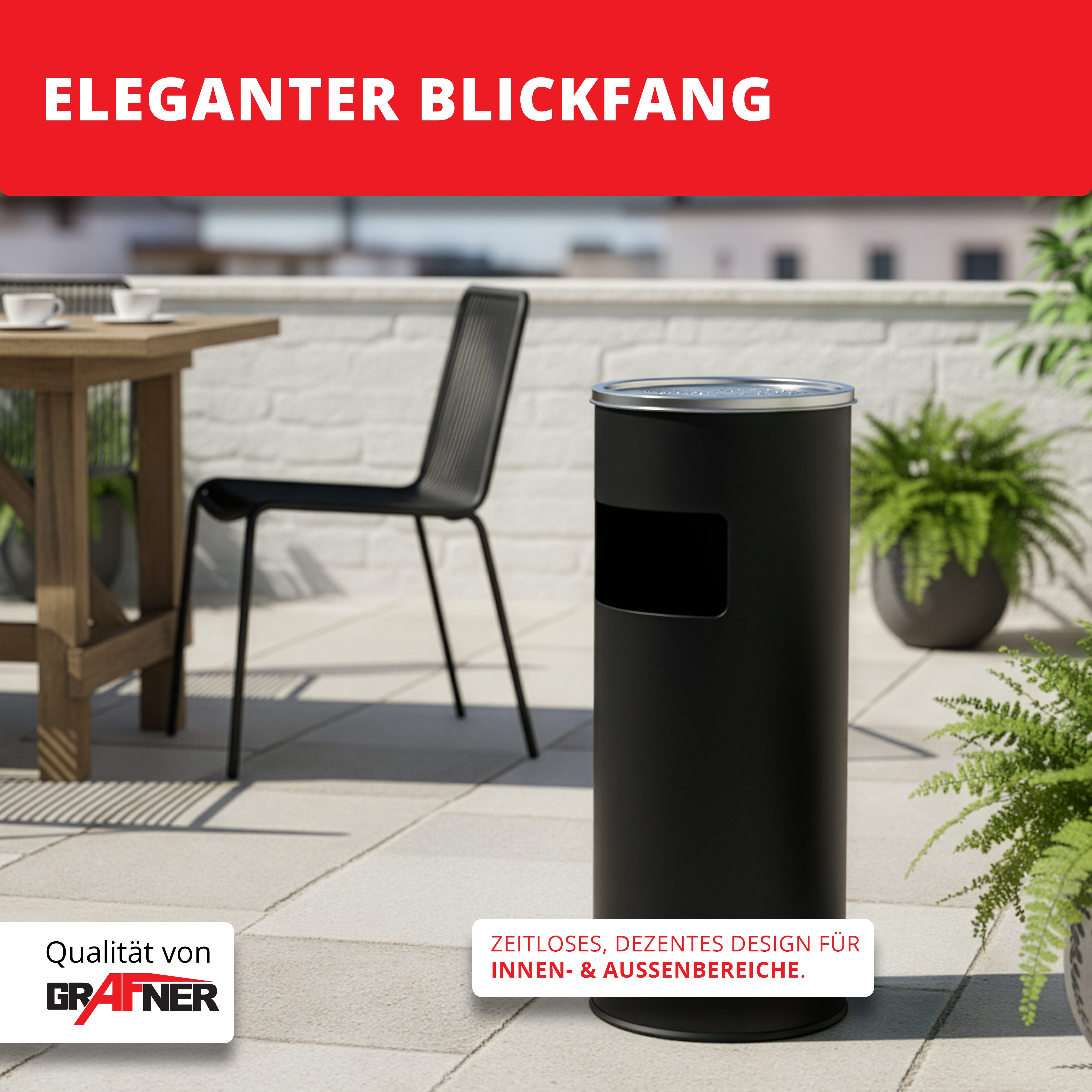 Grafner Aschenbecher Aschenbecher Standaschenbecher 2in1 Edelstahl mit Mülleimer 30 Liter, 3 Liter, Edelstahl