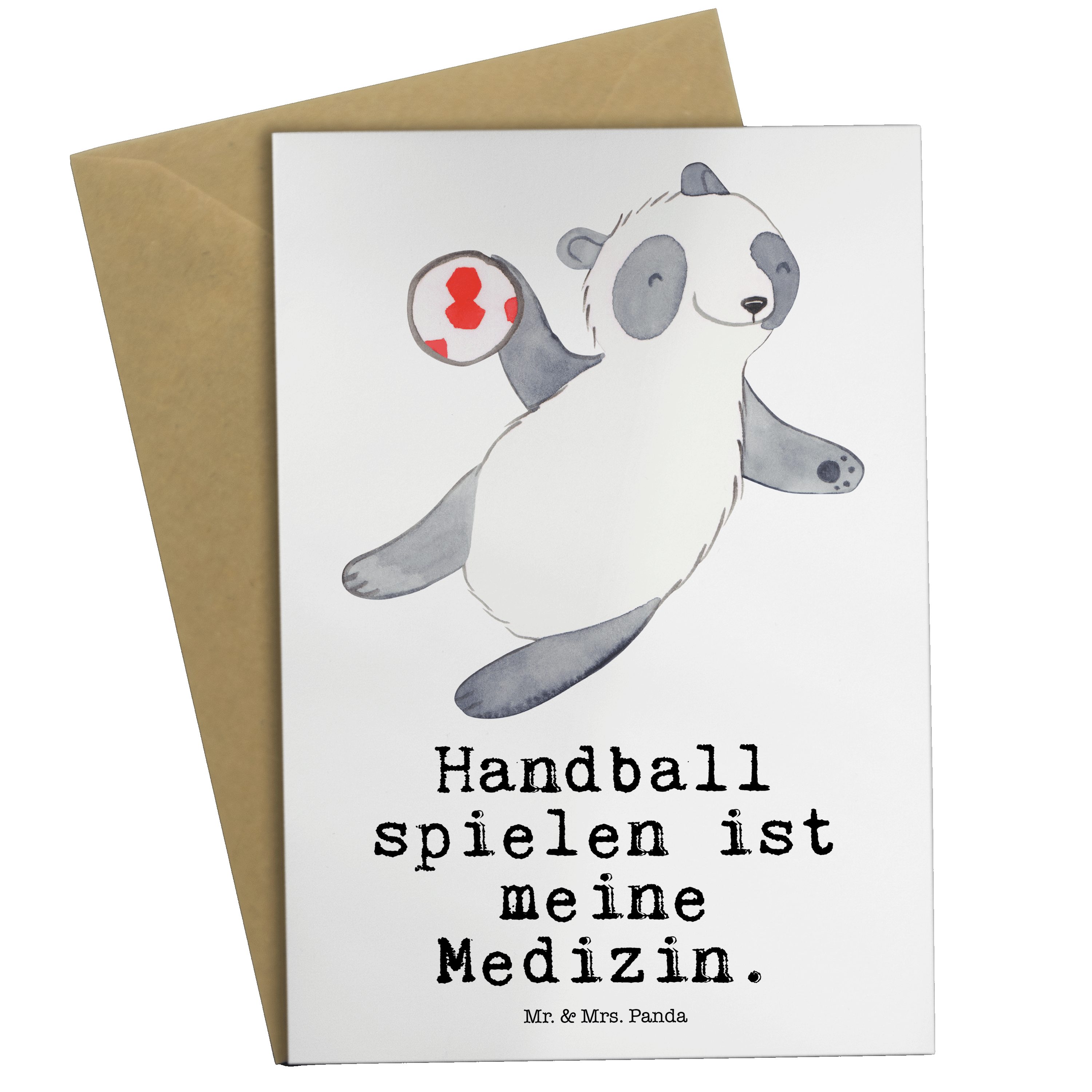Mr. & Mrs. Panda Grußkarte Panda Handball spielen Medizin - Weiß - Geschenk, Glückwunschkarte, D