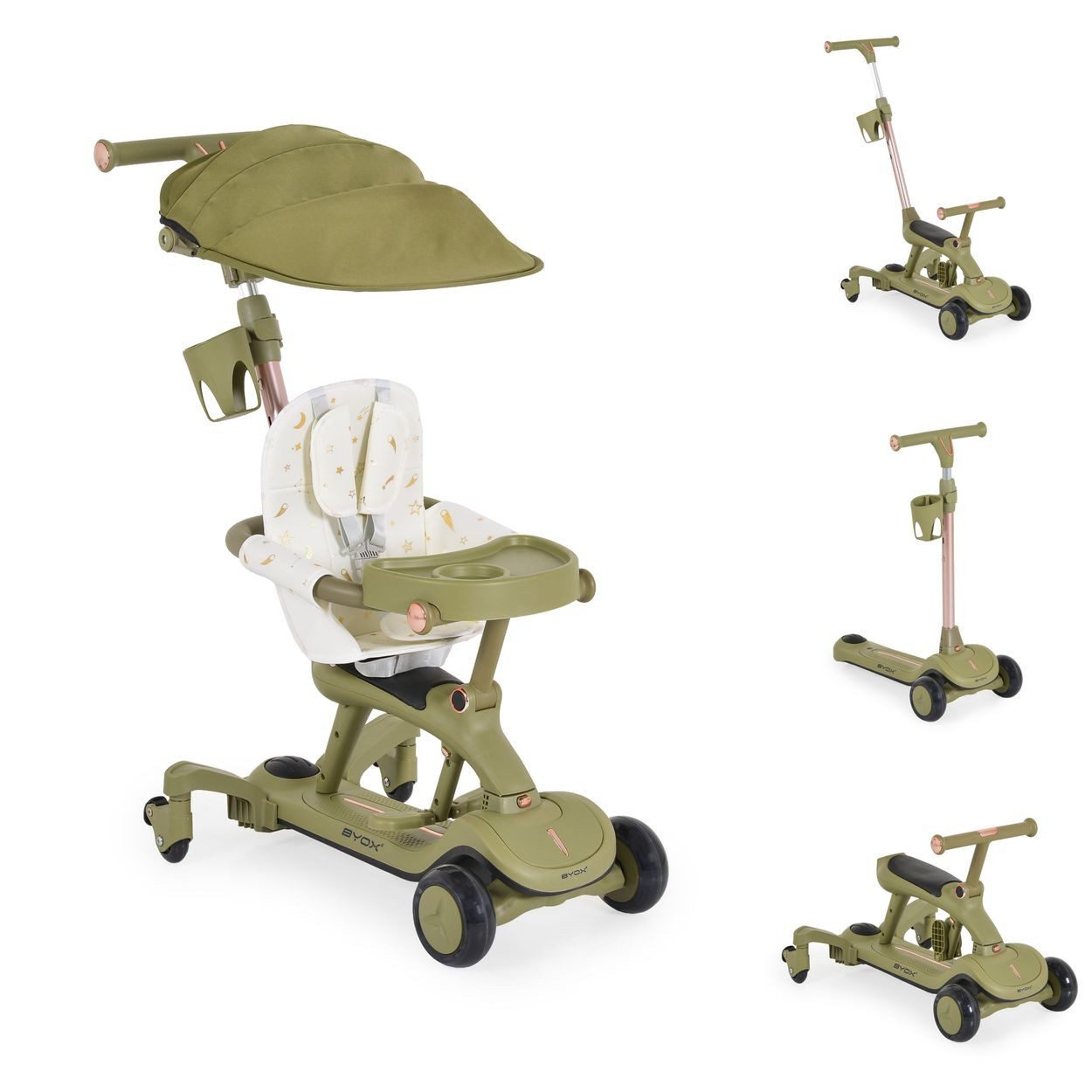 Byox Cityroller Cornet 6 in 1, Rutscher-Funktion, Musik, Becherhalter, Schiebestange, Sitz, klappbar