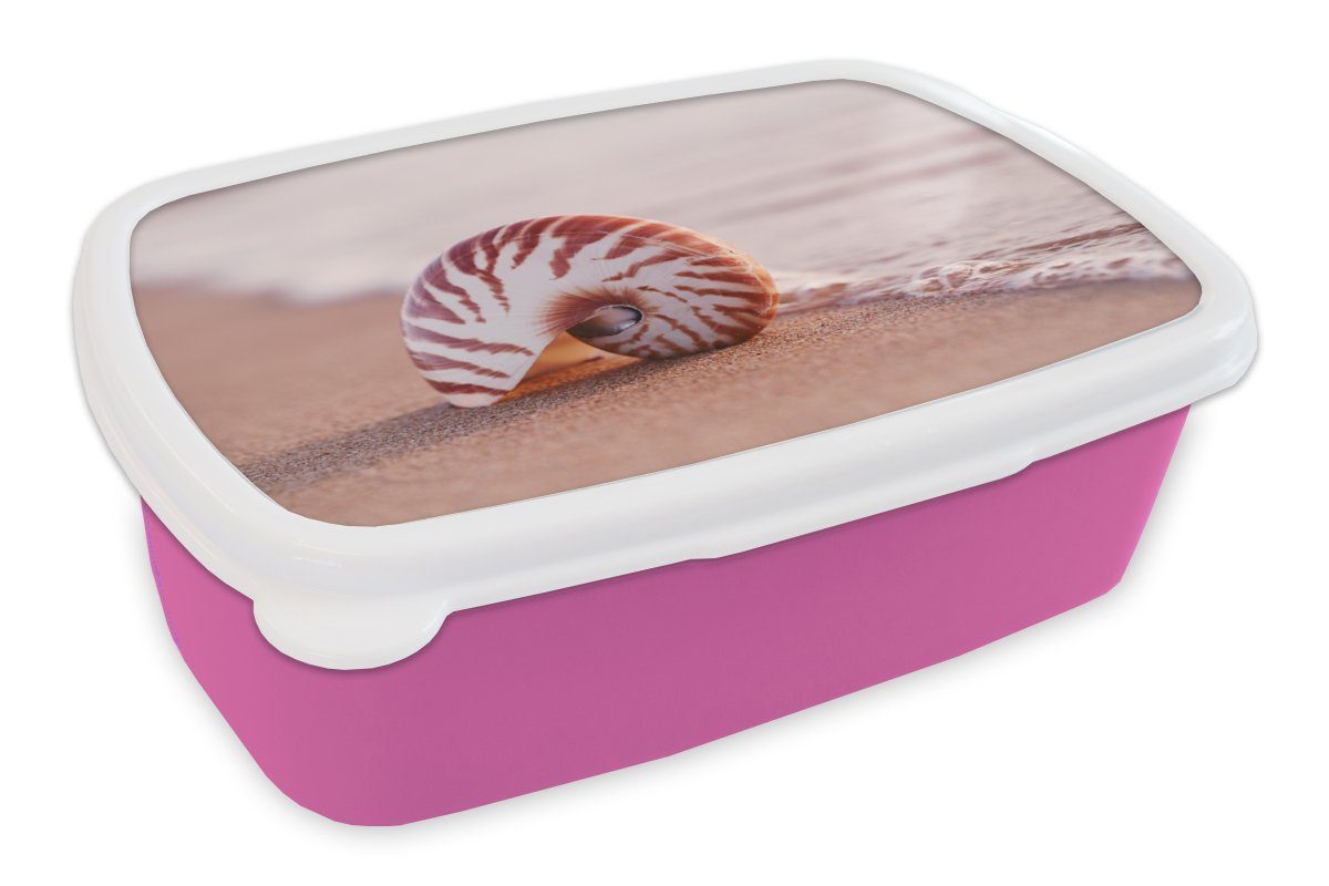 MuchoWow Lunchbox Muschel - Strand - Meer - Sand, Kunststoff, (2-tlg), Brotbox für Erwachsene, Brotdose Kinder, Snackbox, Mädchen, Kunststoff rosa