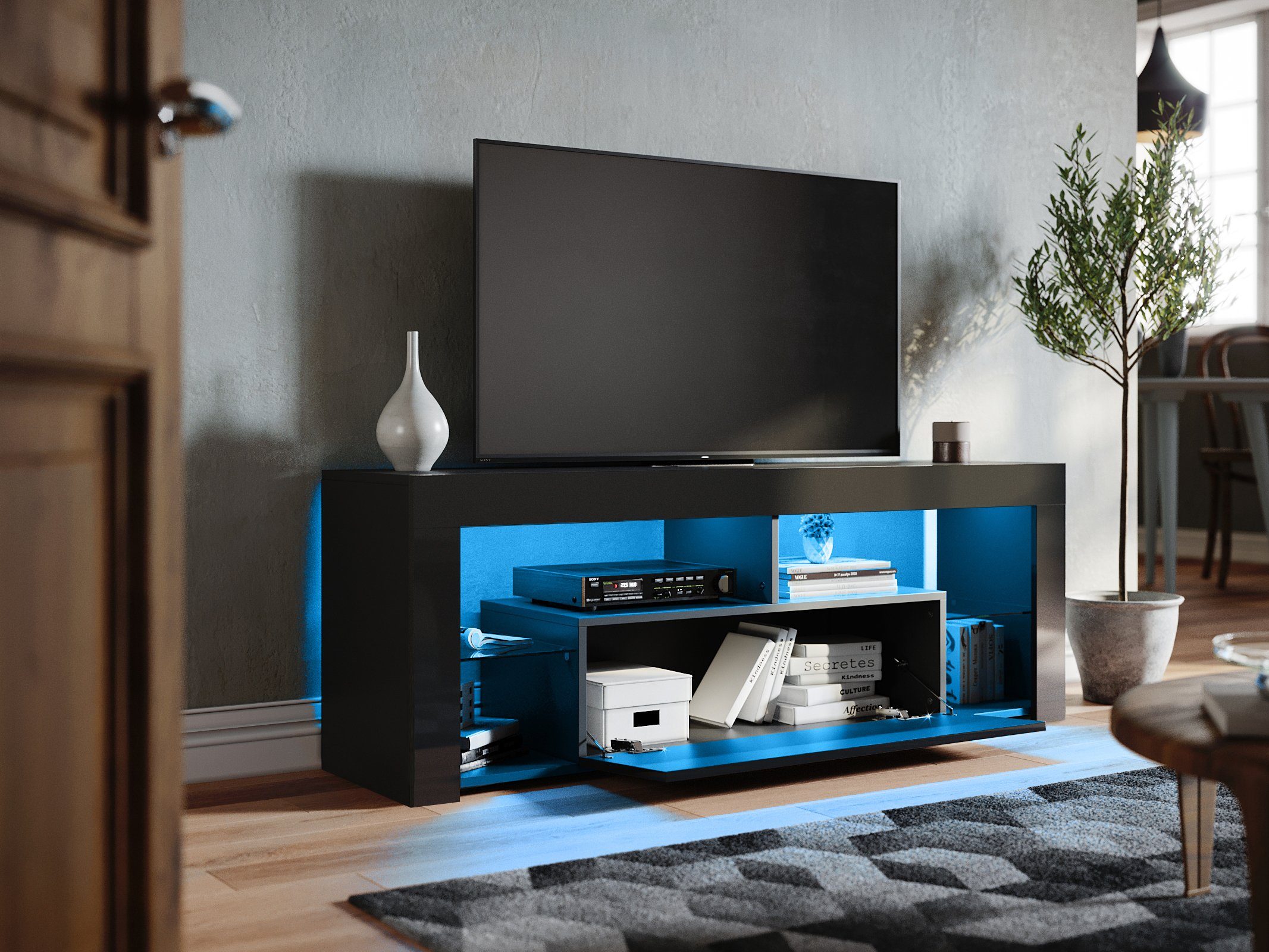 TV-Schrank 12 SONNI Stilvoll TV-Ständer 140x35x50.5cm Farben mit Beleuchtung, mit LED-Beleuchtung Led Schwarzer