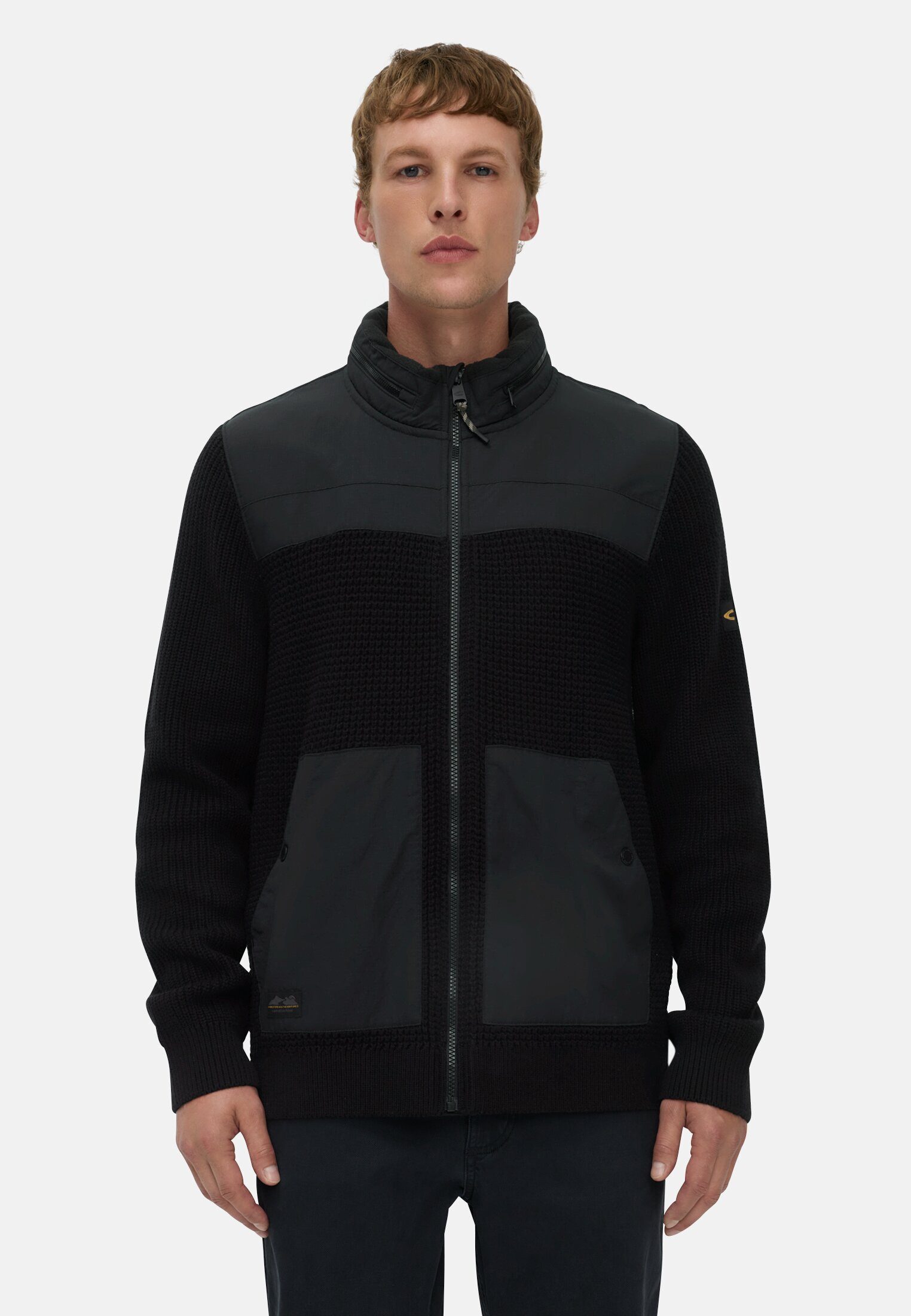 camel active Strickjacke mit einrollbarer Kapuze Langarm Stehkragen