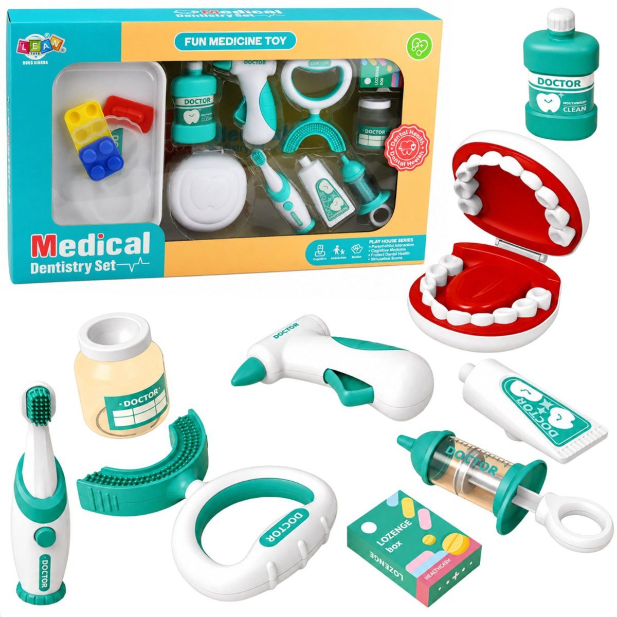 Wisam Lernspielzeug Kleines Zahnarzt-Set, vibrierende Zahnbürste, blau, 15-teilig.