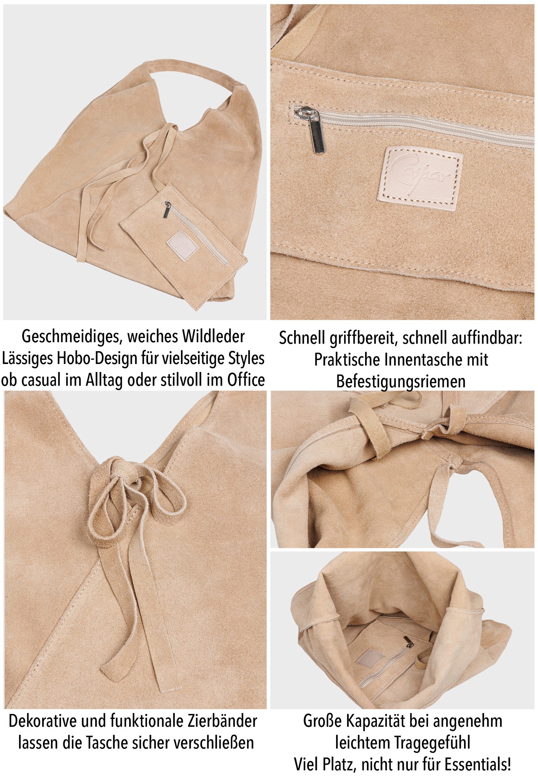 Caspar Schultertasche große Damen Wildleder Hobo Handtasche - PREMIUM LINE - Modell No.863, 100% italienisches Wildleder, samtig weich, angenehmer Tragekomfort – Bild 3 von 5