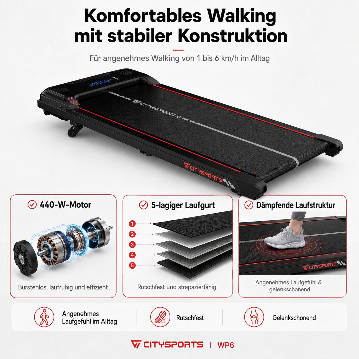 CITYSPORTS Laufband WP6 Walking Pad, 1–6 km/h, 440 W, 3-stufige Steigung bis 14 % (Mit toolkit,mit Schmiermittel), 120 kg, selbstzentrierender Laufgurt, LED-Dis – Bild 5 von 5