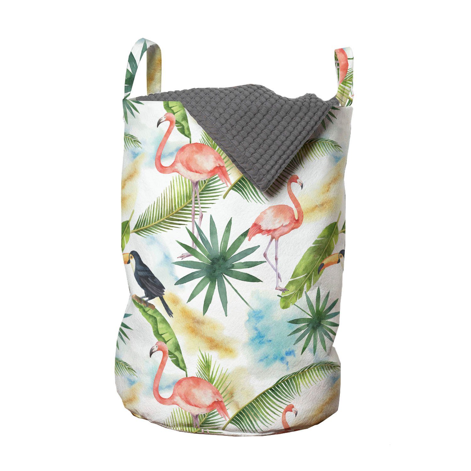 Abakuhaus Wäschesäckchen Wäschekorb mit für Griffen hawaiisch Waschsalons, Toucan Flamingo Kordelzugverschluss Aquarell
