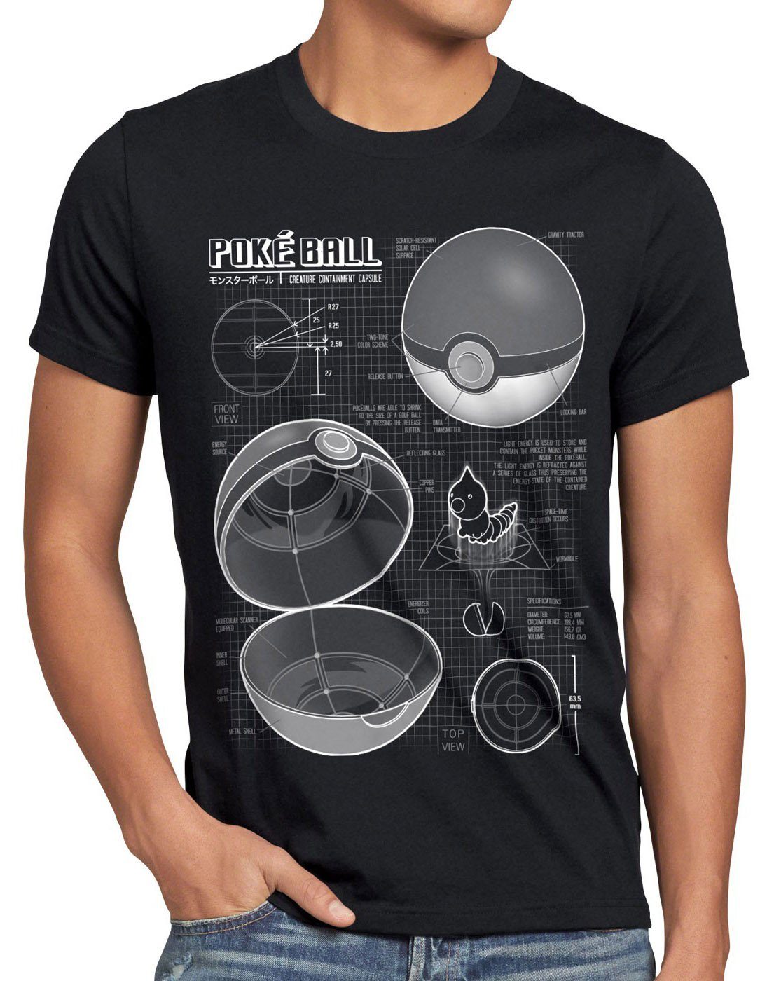 style3 T-Shirt Pokéball Blaupause monster spiel günstig online kaufen