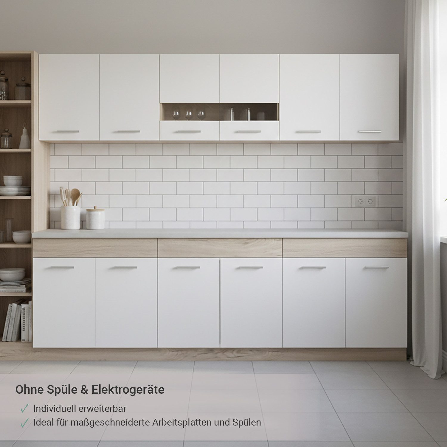 Meuble de cuisine Homestyle4u 80 cm sans électroménager, petite cuisine simple, placards en chêne mat et verre (éléments hauts, éléments bas, cuisine équipée), bloc cuisine, marron et blanc/crème, cuisine équipée