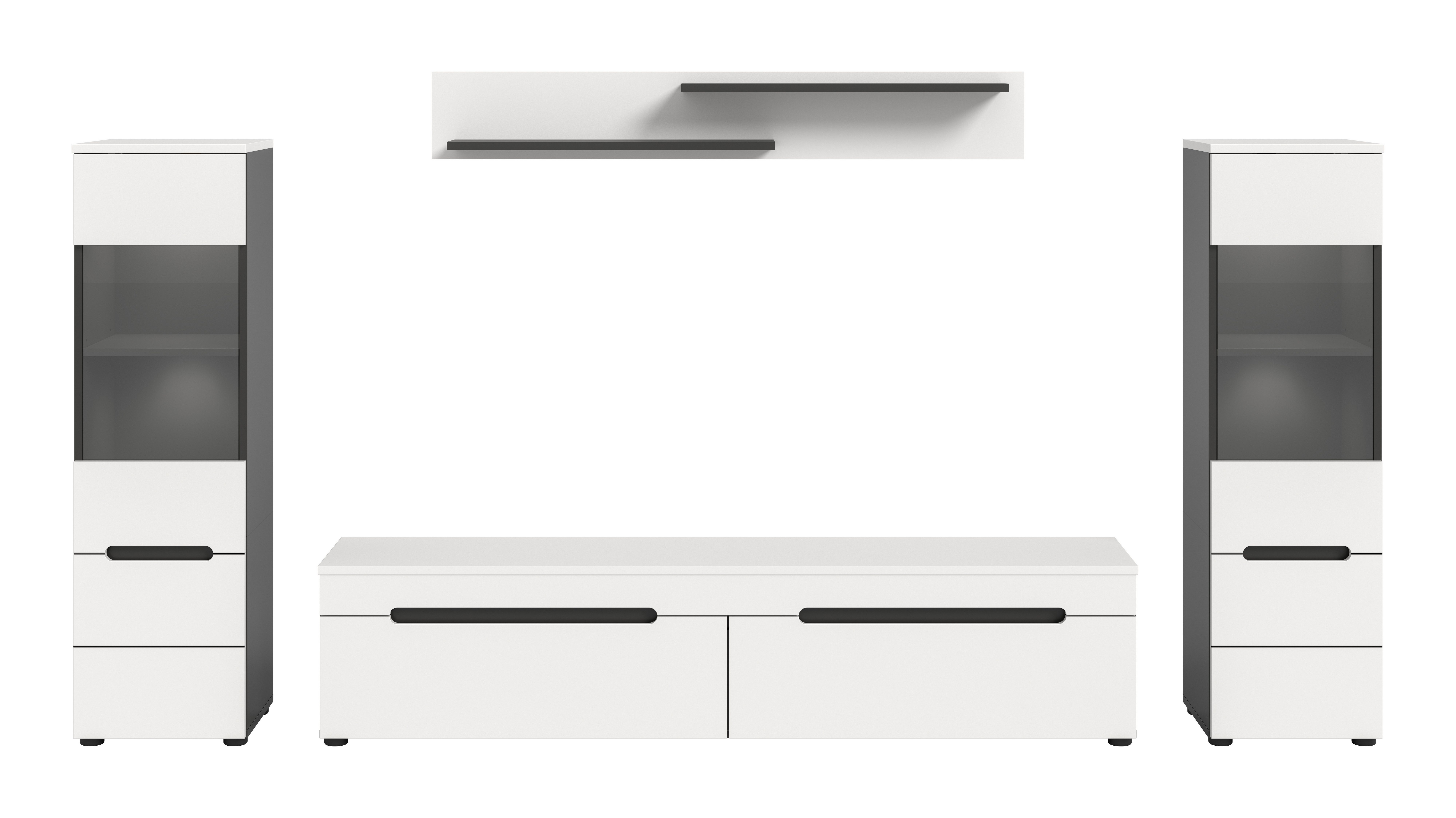 furnling Wohnzimmer-Set Cano, (4-St., Lowboard, 2 Vitrinen, Wandboard), Wohnzimmermöbel, mit LED-Beleuchtung, Breite 272 cm