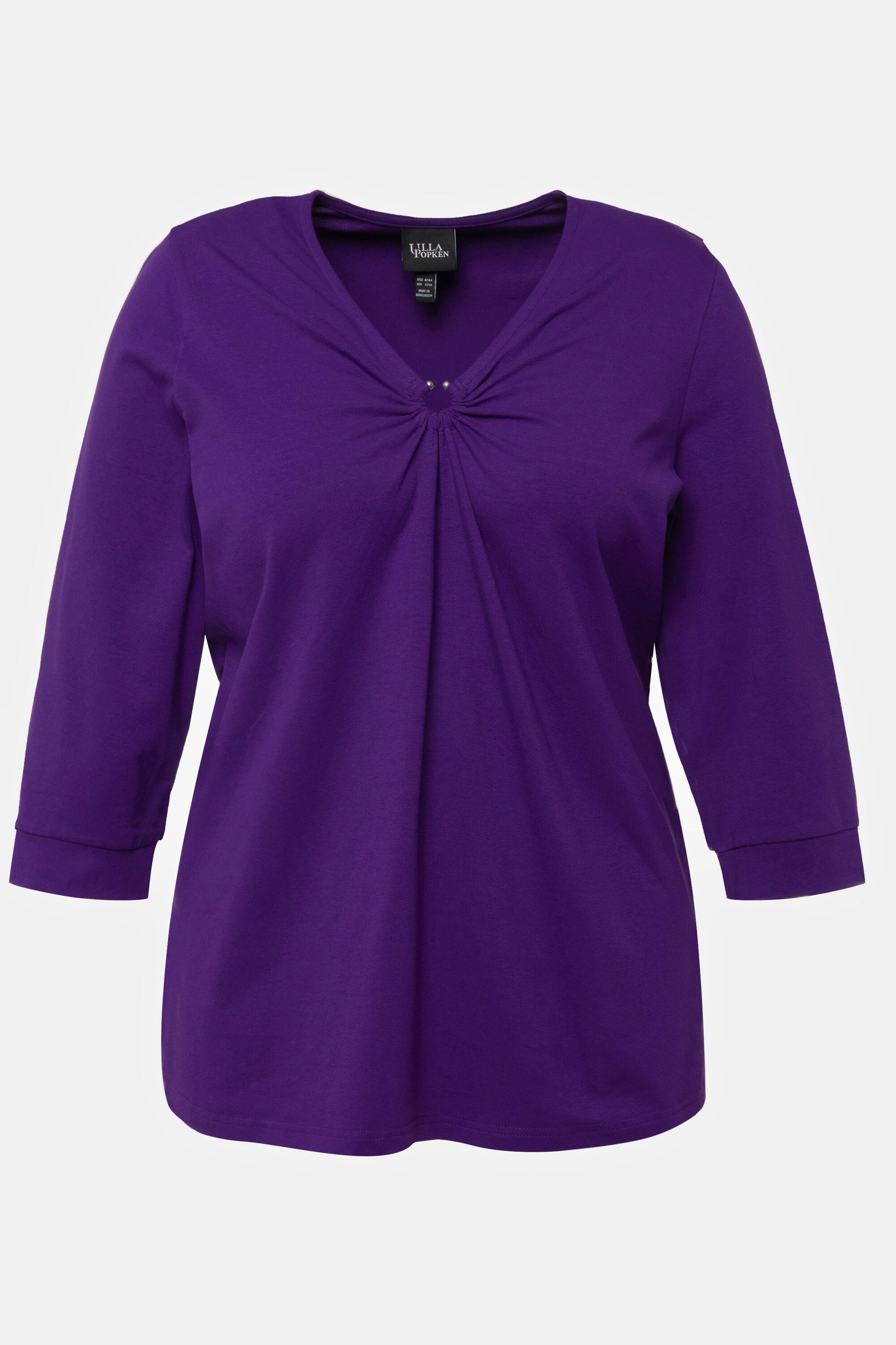 V-Ausschnitt tiefes Popken Zierring 3/4-Arm Shirt Ulla violett Classic Rundhalsshirt