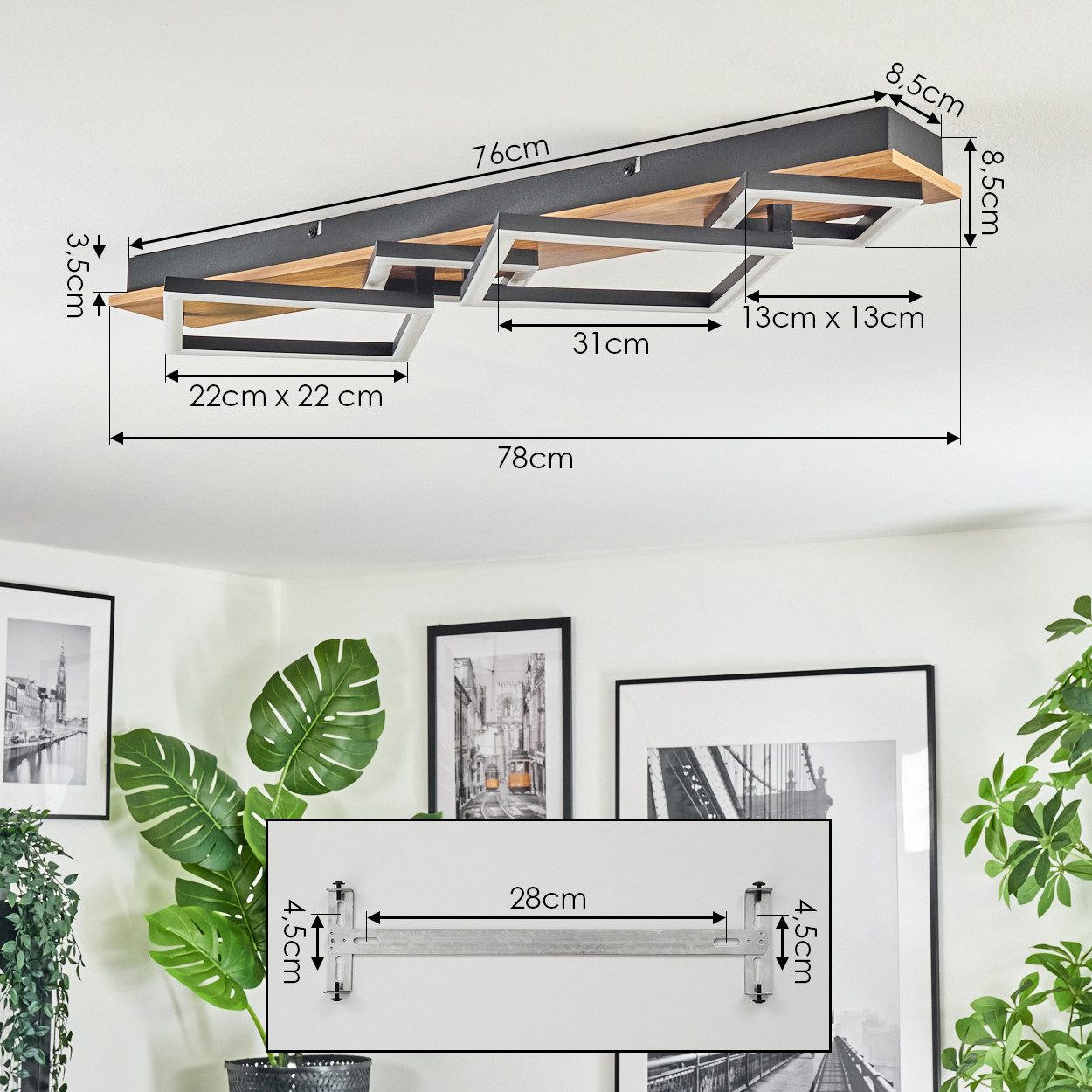 hofstein Deckenleuchte Deckenlampe aus Metall/Kunststoff in Holzoptik/Schwarz/Weiß, moderne Deckenleuchte, 40 Watt, 2600 Lumen, 3000 Kelvin – Bild 4 von 5