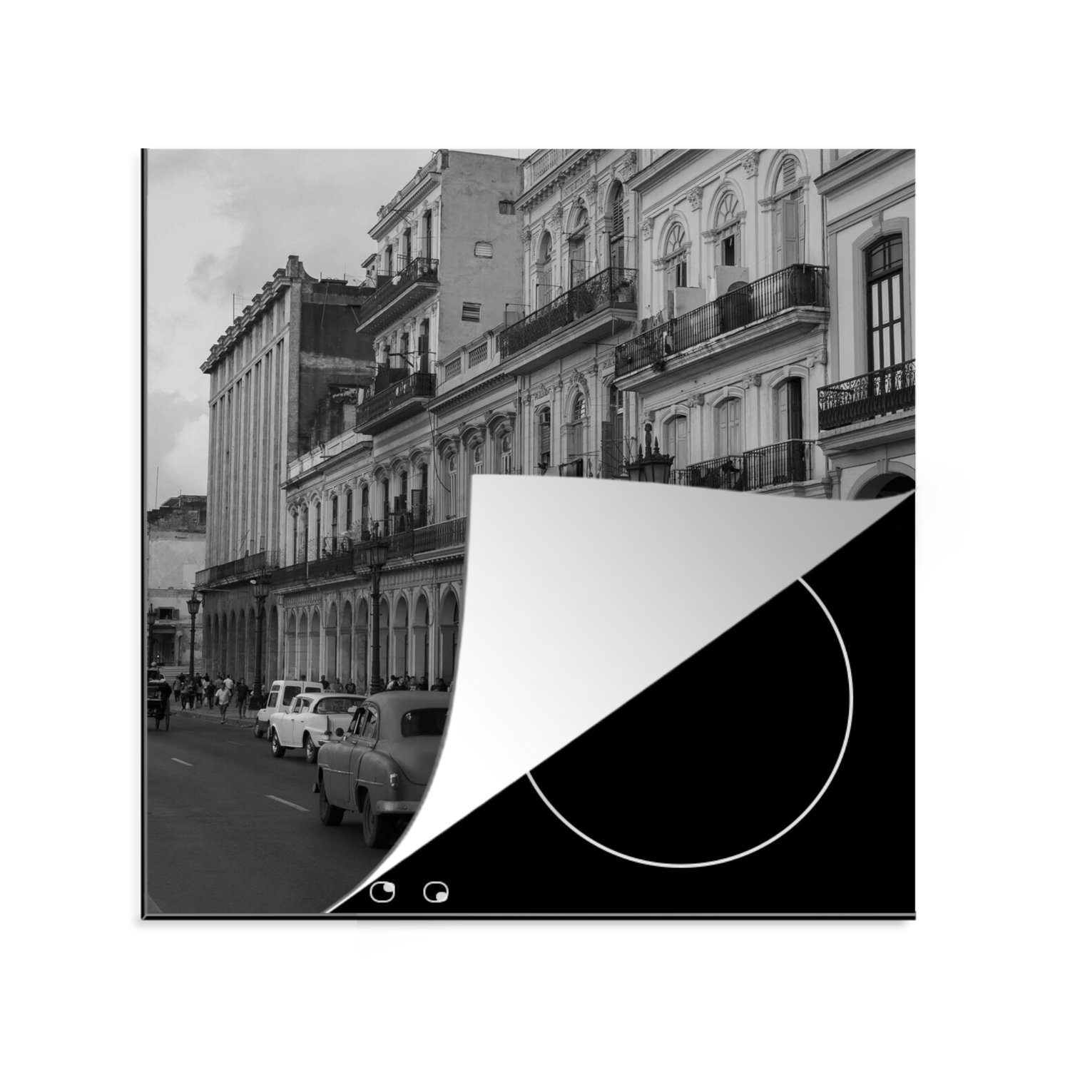 MuchoWow Herdblende-/Abdeckplatte Ceranfeldabdeckung, schwarz auf - Kuba küche tlg), und für 78x78 Vinyl, Autos Alte Straßen von (1 cm, Arbeitsplatte den weiß