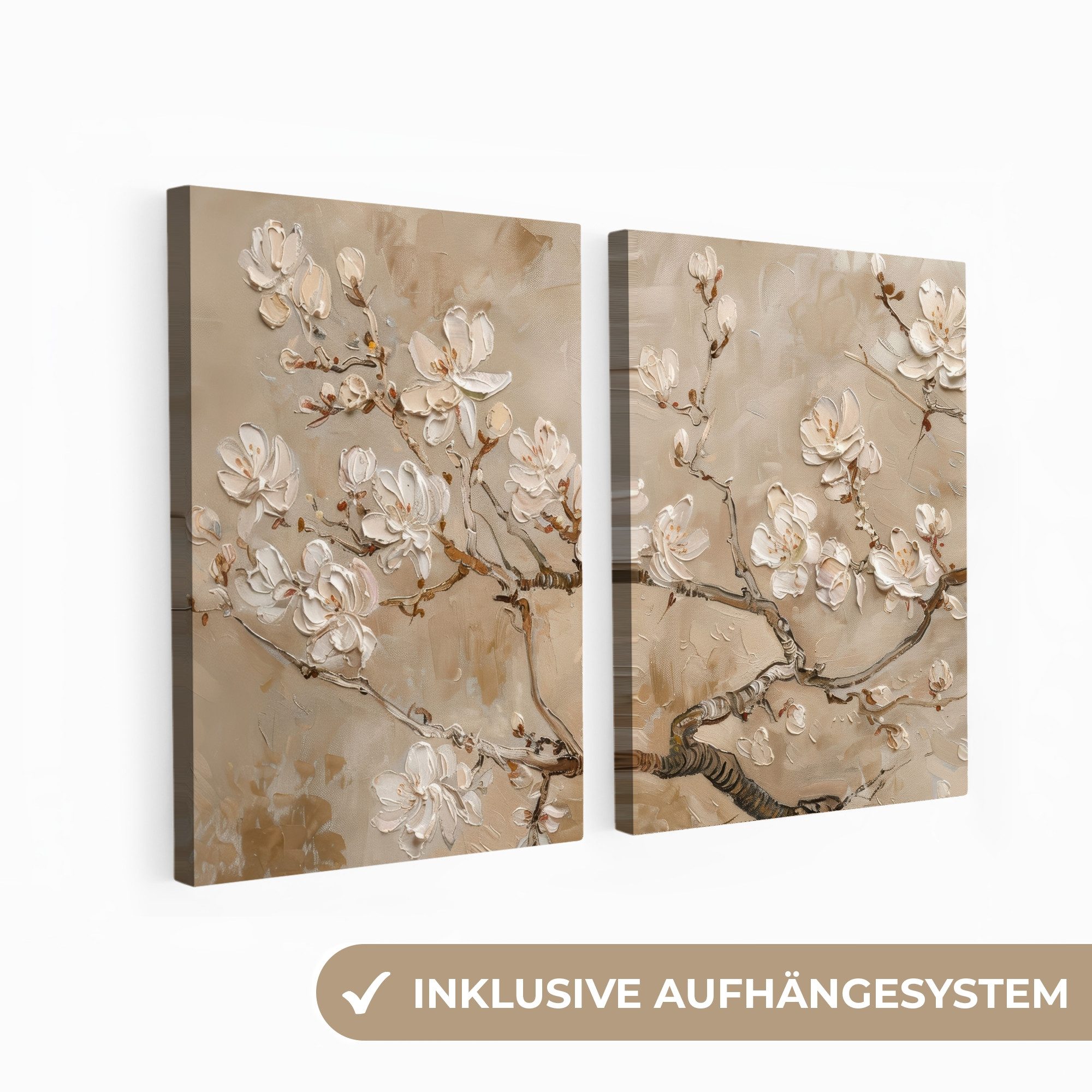 MuchoWow Leinwandbild Beige - Blüte - Modern, Fotodruck (2 St), Wand Bilder günstig online kaufen