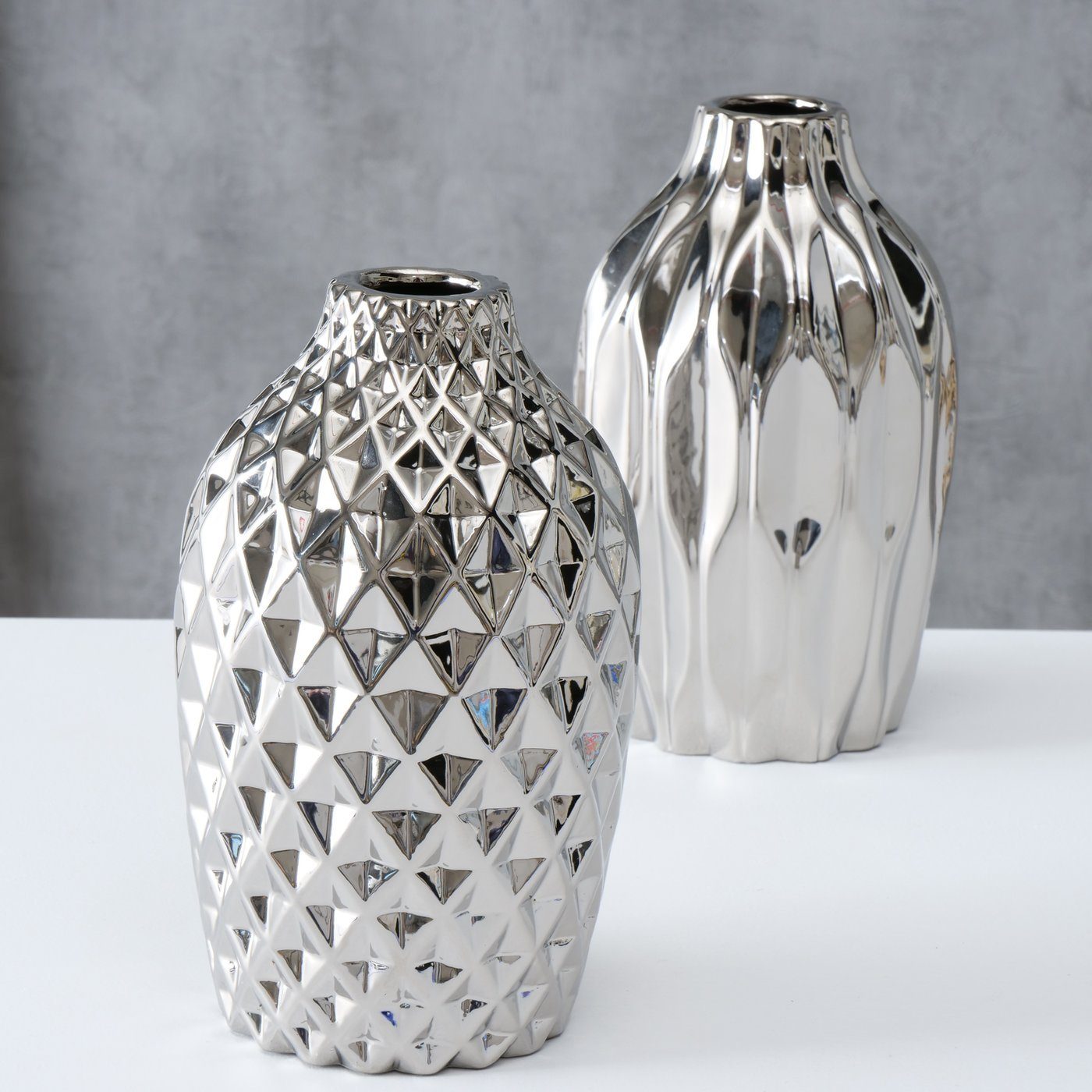 BOLTZE Dekovase 2er Set "Junas " aus Keramik in silber, Vase Blumenvase