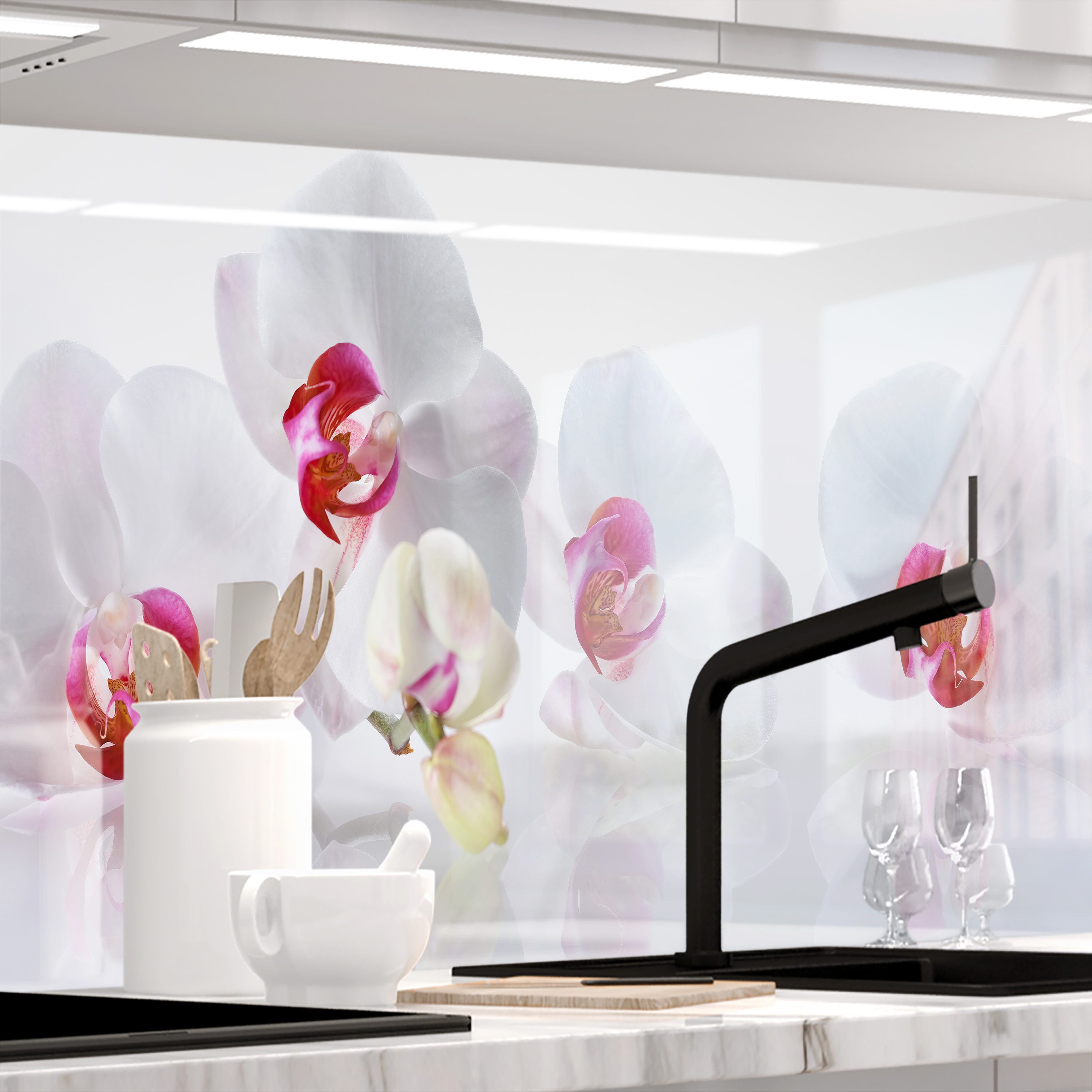 Stickerprofis Küchenrückwand ORCHIDEEN ENSEMBLE (Glasoptik), (Premium), 1,5mm, selbstklebend, hält auf besonders vielen Öberflächen