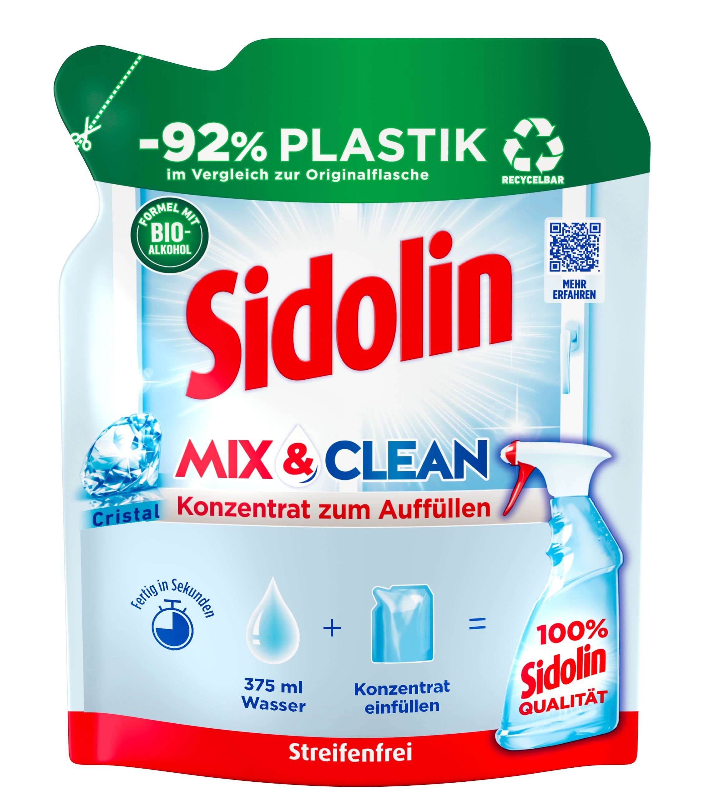 SIDOLIN All in 1 Streifenfrei Konzentrat Mix & Clean Cristal 125ml Glasreiniger (für Sauberkeit, Glanz & Schutz)