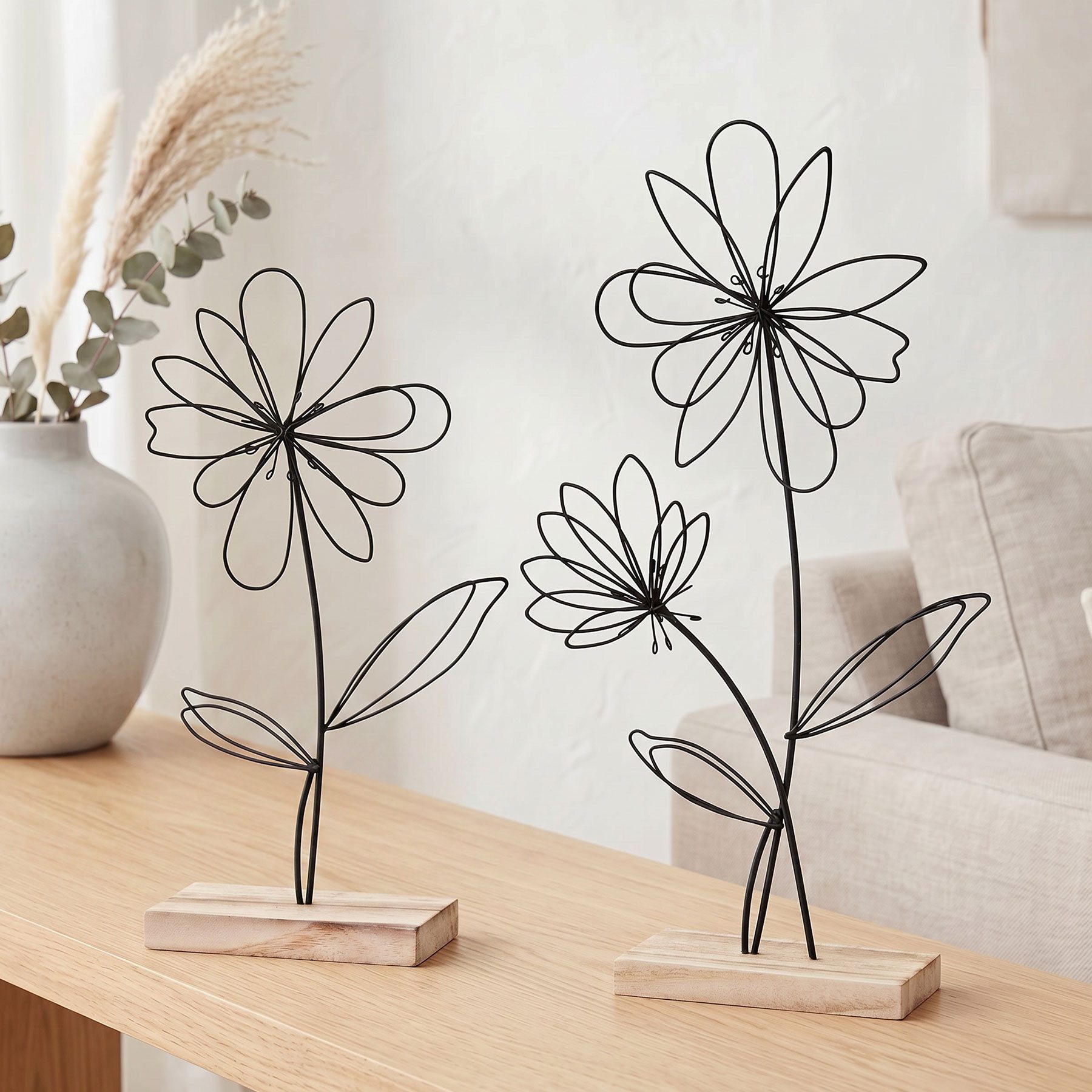 Levandeo® Dekoobjekt, 2er Set Deko Aufsteller Draht Blume Metall Holz Schwarz Natur