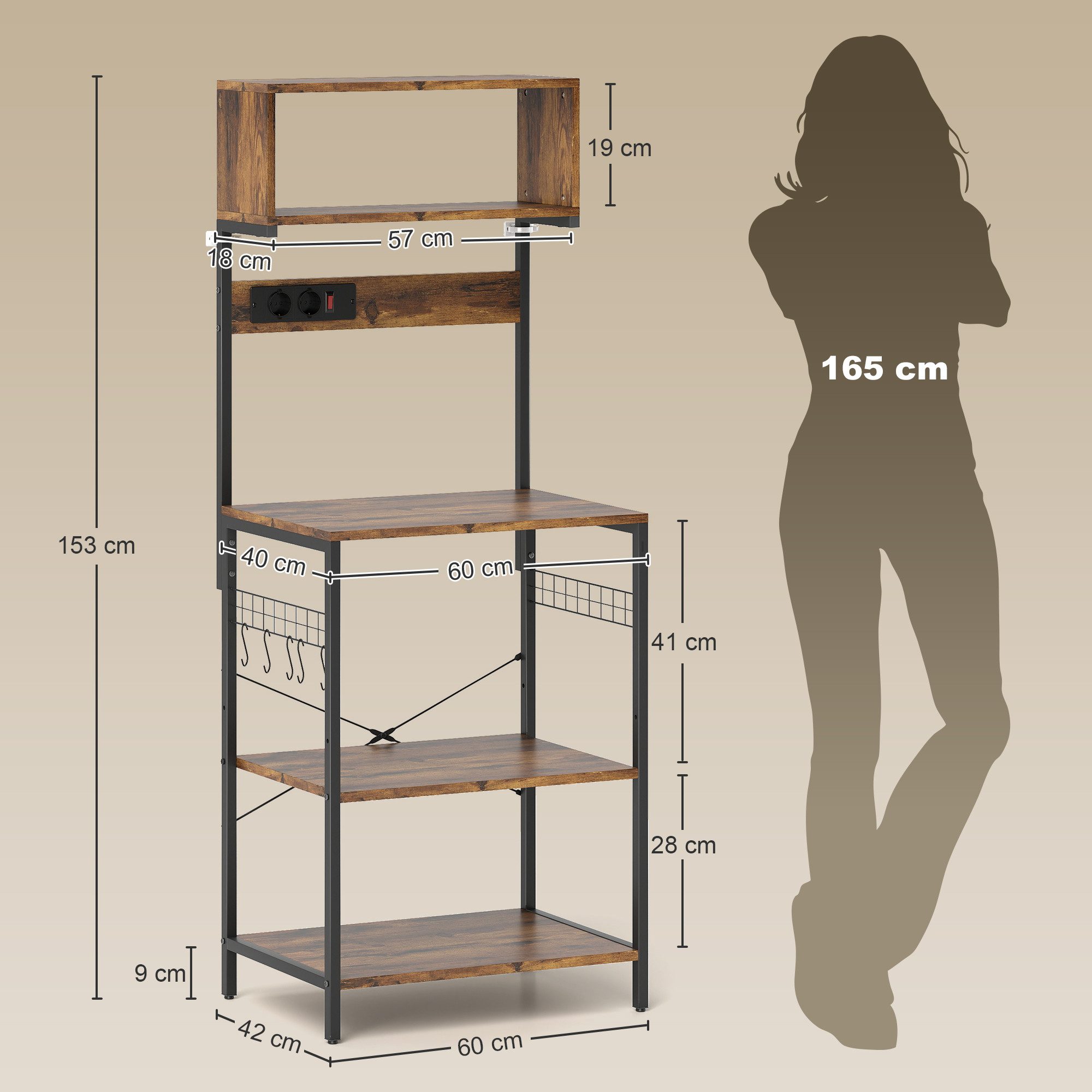 HOMCOM Küchenregal Bäckerregal, X-Streben, Standregal 1-tlg., Mit Steckdosen und 5 Haken, Rustikal-Braun