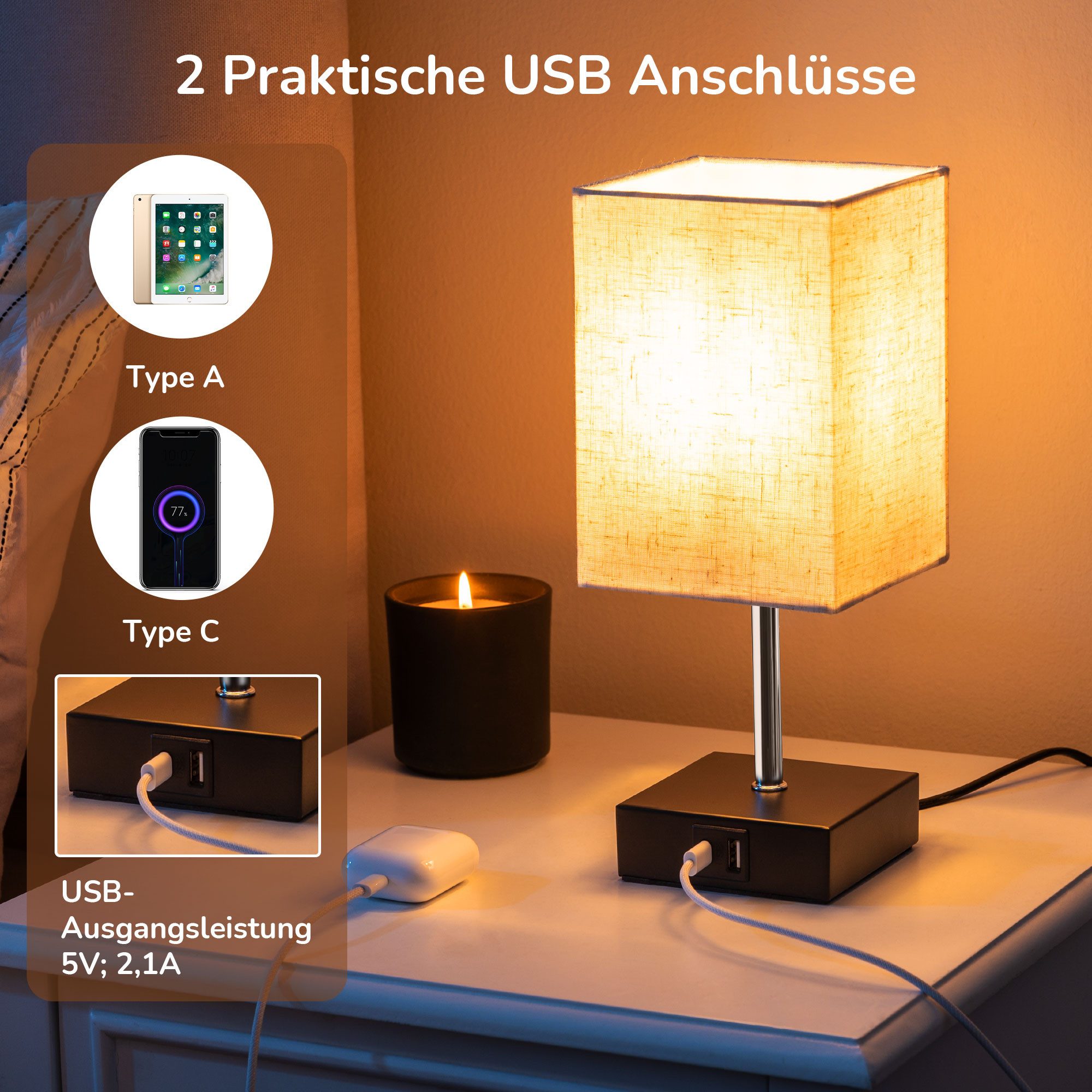 EDISHINE LED Nachttischlampe 2er-Set Schreibtischlampe Touch Dimmbar, Tischleuchten mit USB, LED wechselbar, warmweiß, kleine Tischlampe mit Ladefunktion für Fensterbank, Geschenk