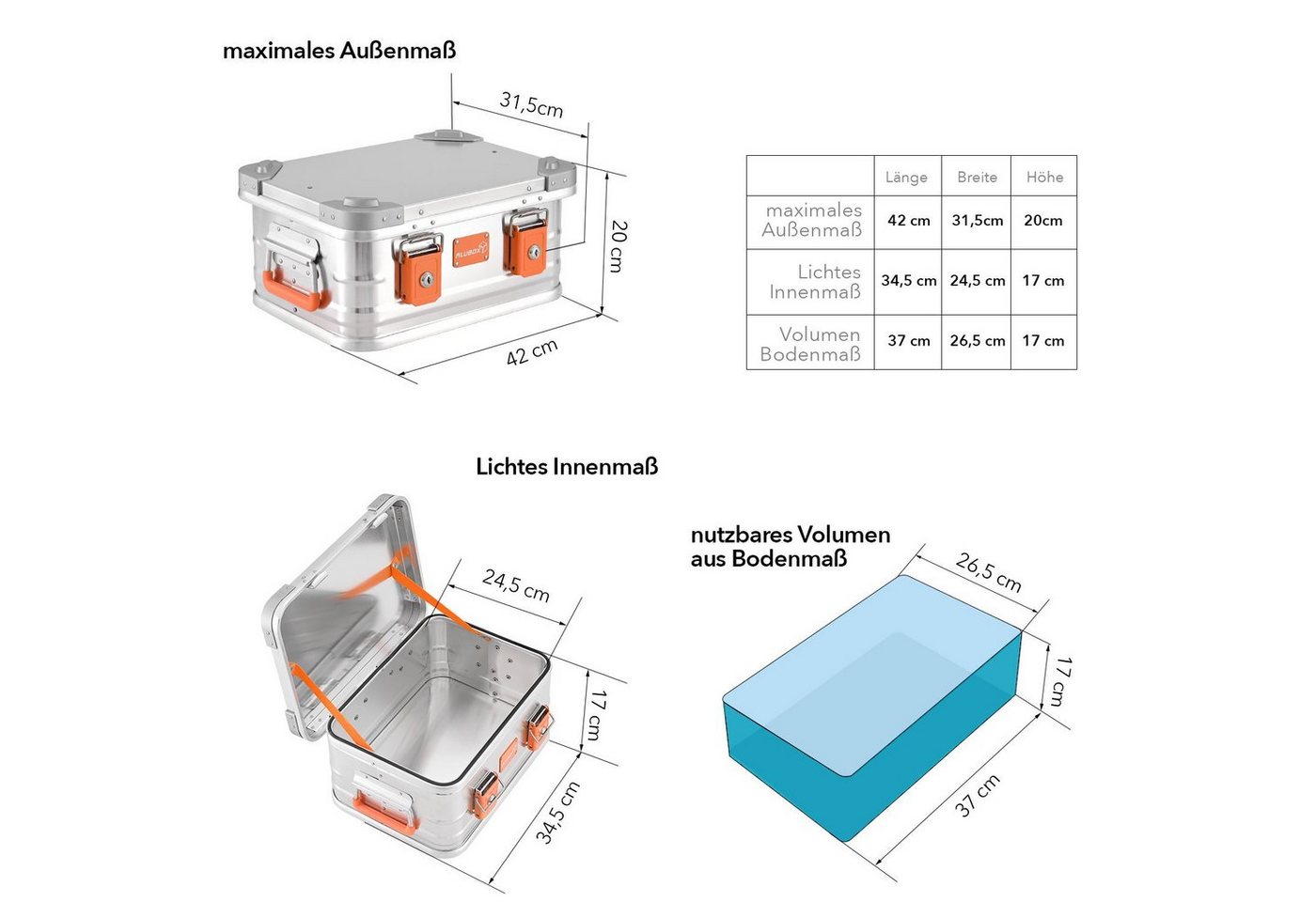 Thumbnail - ALUBOX Aufbewahrungsbox mit Deckel und Stapelecken 1 mm Wandstärke (18 Liter), Fangbänder am Deckel - umlaufende Gummidi...