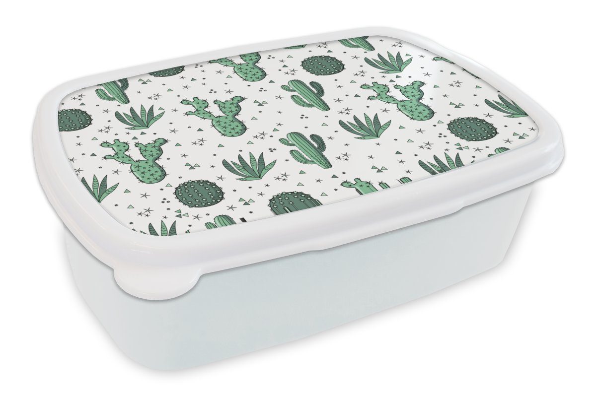 MuchoWow Lunchbox Muster - Kaktus - Pflanzen - Sukkulenten, Kunststoff, (2-tlg), Brotbox für Kinder und Erwachsene, Brotdose, für Jungs und Mädchen weiß