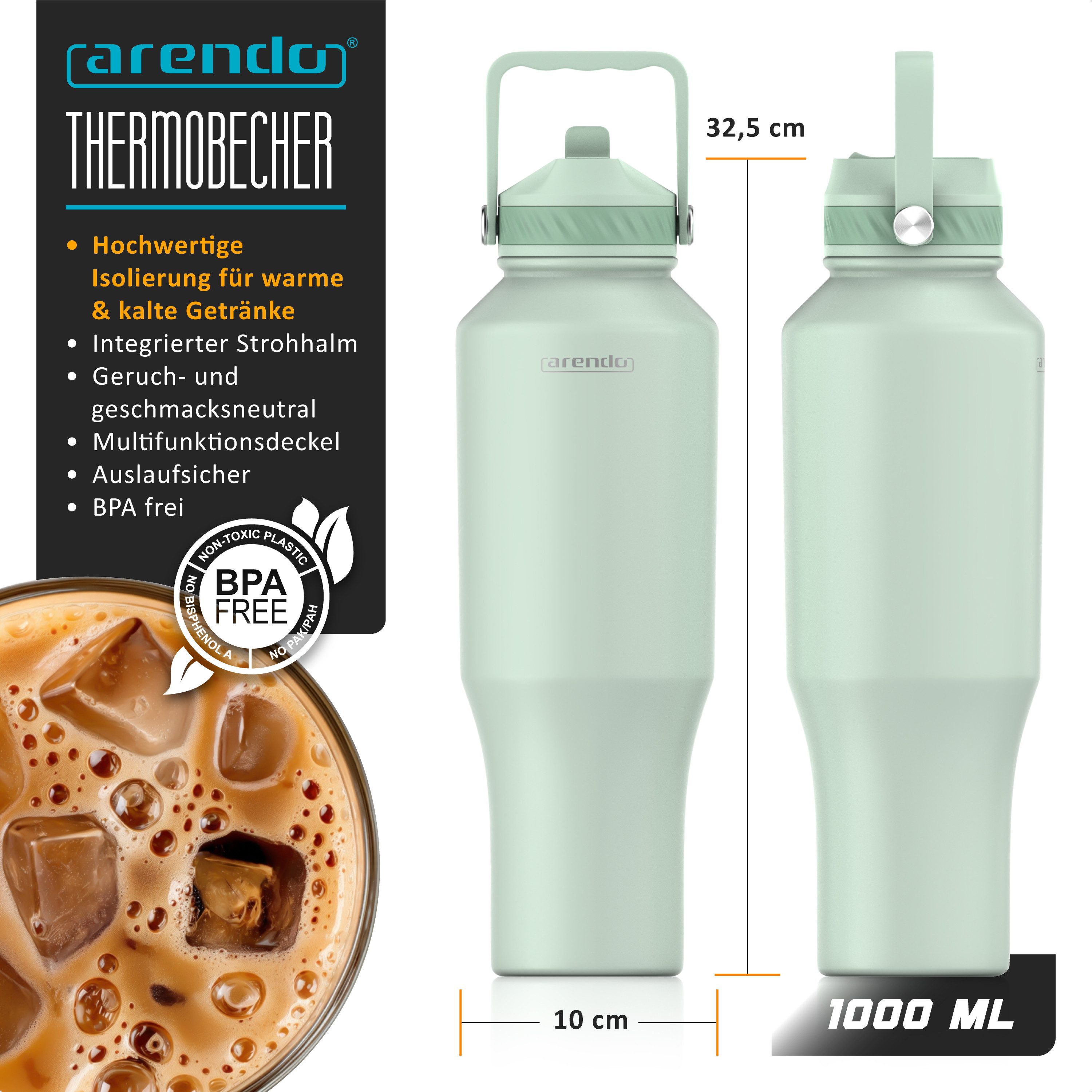 Arendo Thermobecher Travel Mug 1000 ml, Isolierbecher mit Strohhalm, 100% auslaufsicher, 1-tlg., Edelstahl, doppelwandig, Vakuum-Isolierung, dicht, Klappverschluss, Tragegriff