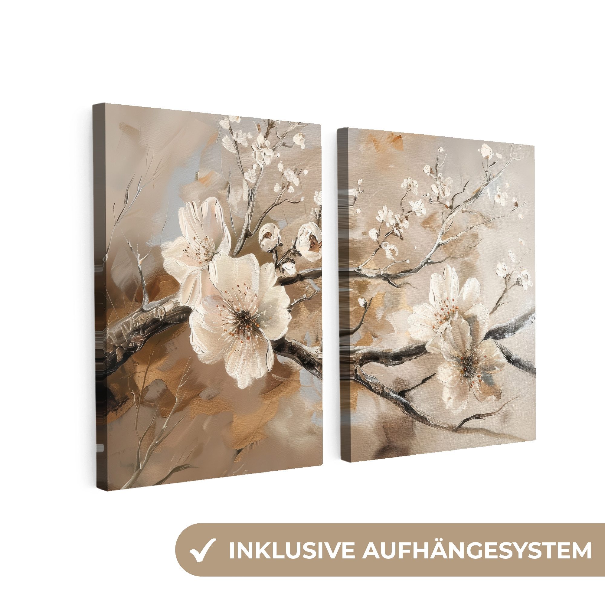 MuchoWow Leinwandbild Blüte - Beige - Abstrakt - Blumen, Fotodruck (2 St), Wand Зображення 2 Set, Deko Schlafzimmer Wohnzimmer Flur 60x40 cm