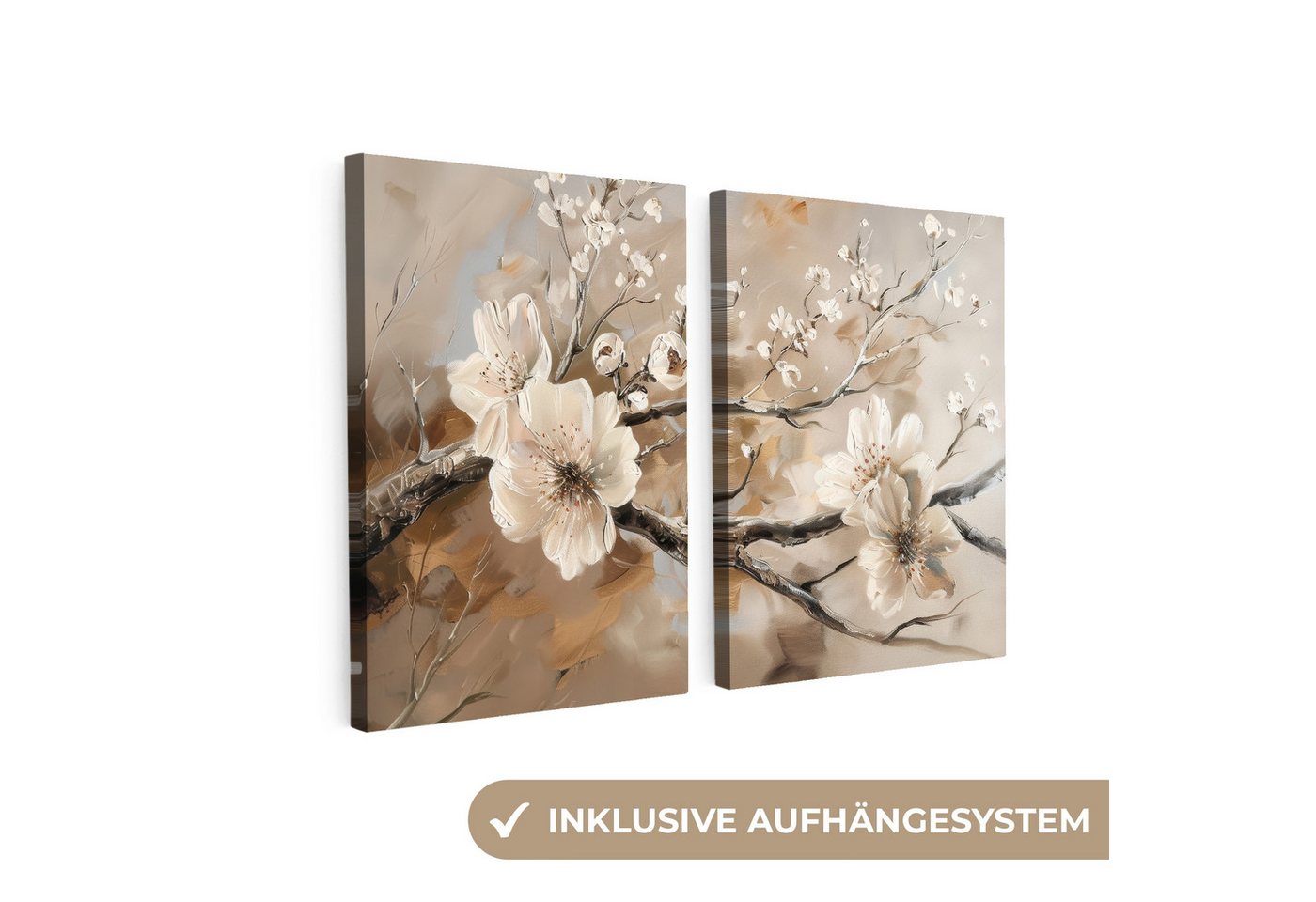 MuchoWow Leinwandbild Blüte - Beige - Abstrakt - Blumen, Fotodruck (2 St), Wand Bilder 2 Set, Deko Schlafzimmer Wohnzimmer Flur 60x40 cm