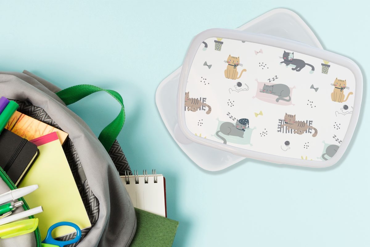 MuchoWow Lunchbox Katzen für - und (2-tlg), Muster, Jungs Kinder Kunststoff, - weiß für Haustiere und Mädchen Brotbox Erwachsene, Brotdose