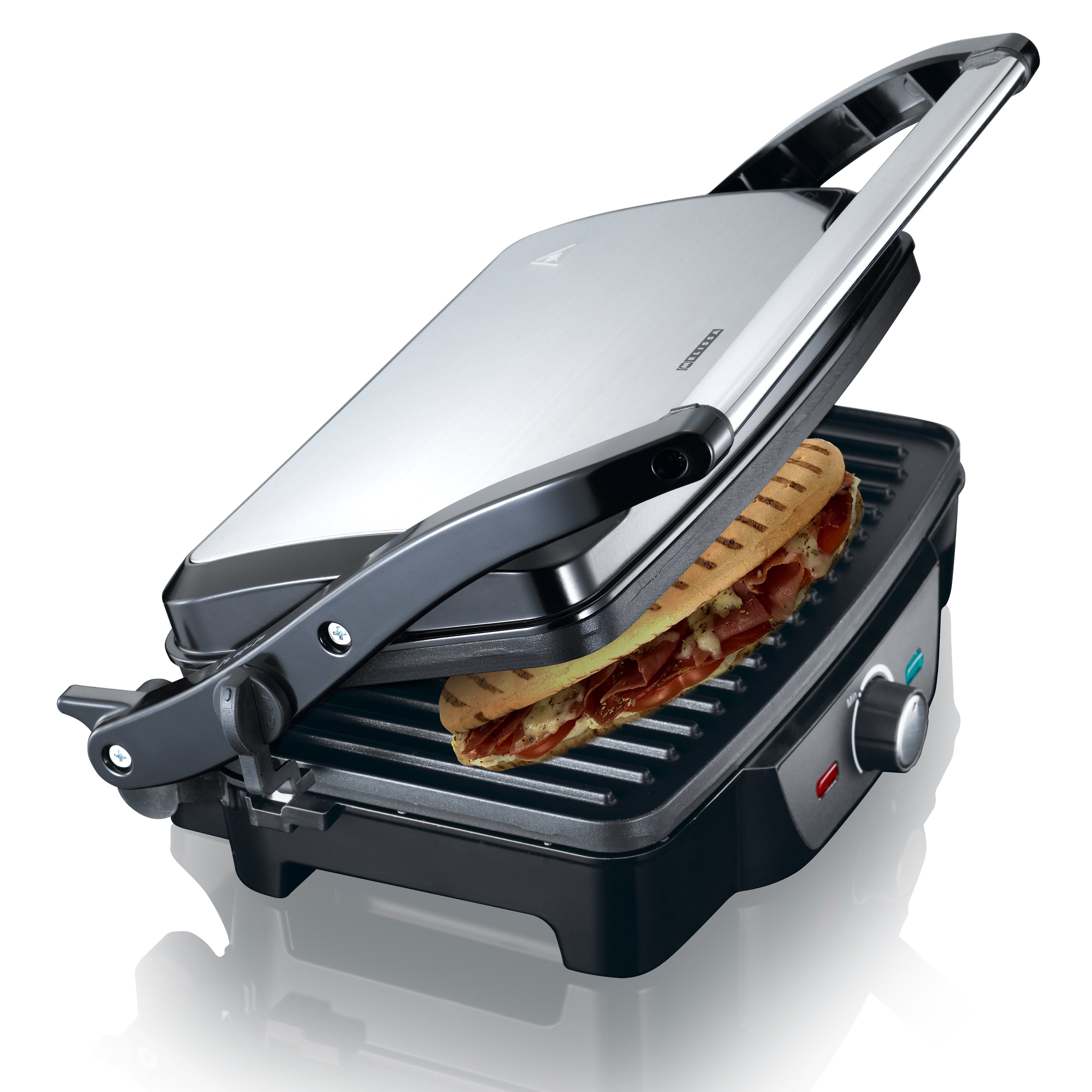 MELISSA Paninigrill 16240108, 1600 W, 180° Öffnung mit anpassbarer Grilldicke, Cool-Touch-Griff & Antihaft