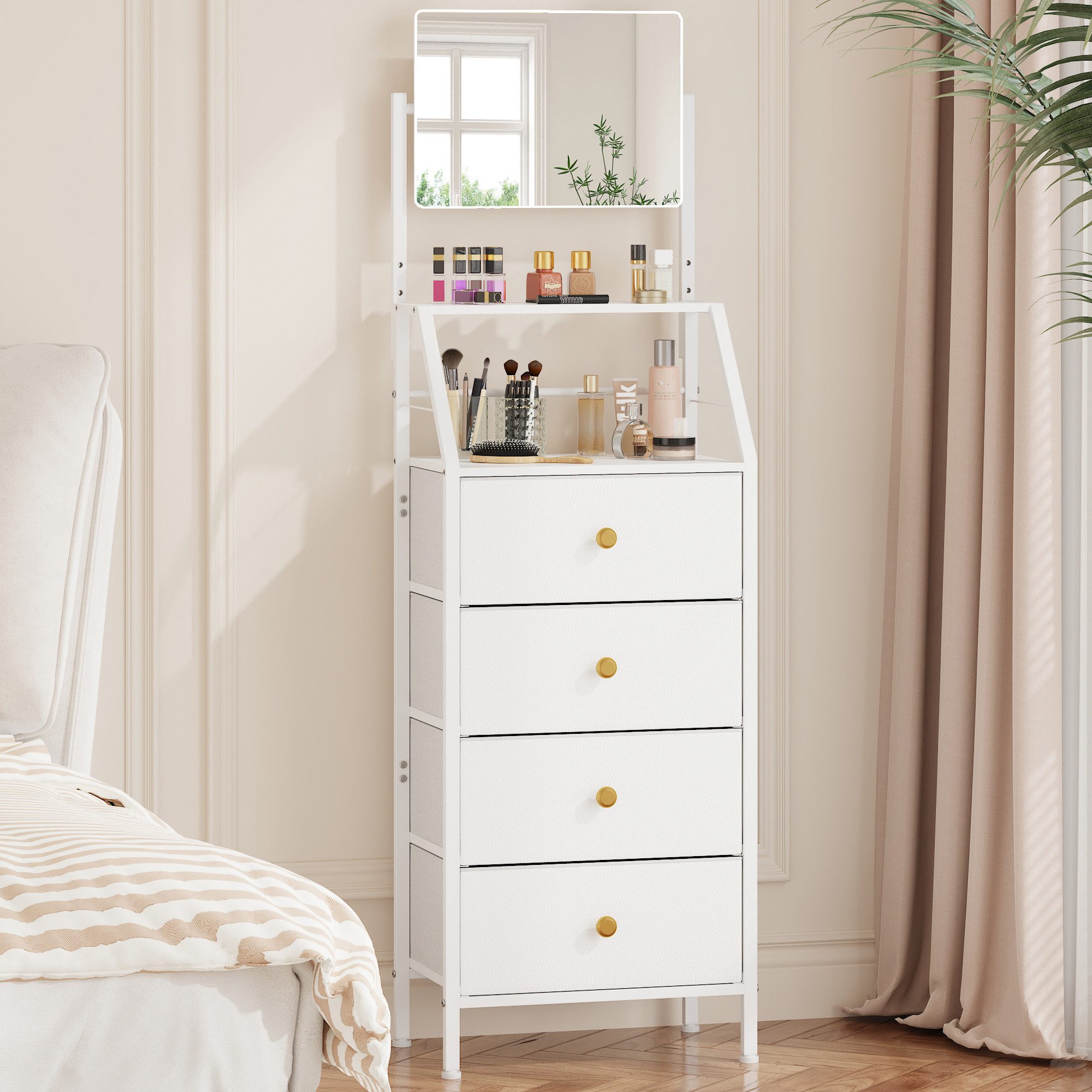 OYRREU Schminkschrank mit Spiegel, 4 Stoffschubladen, 147 cm hohe Kleiderkommode (2-in-1 Spiegel-Kommode) platzsparendes Hochdesign, kippsicher