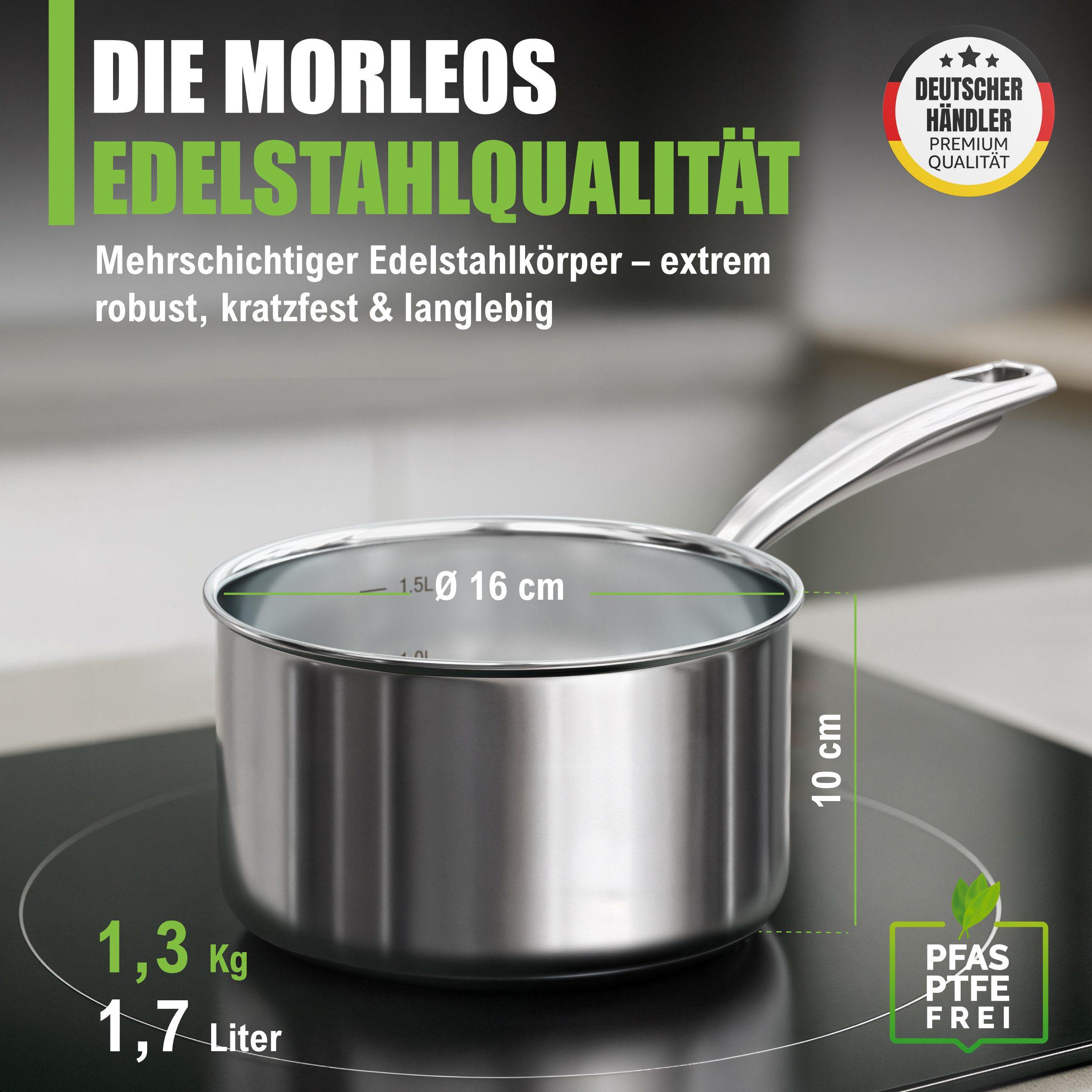 Morleos Kochtopf Ø 20 cm 3 Liter Edelstahl Suppentopf + flachem Glasdeckel, 18/10 Edelstahl (moderner flacher Glasdeckel mit Dampfloch, XSteel), induktionsfähig bis 400 °C