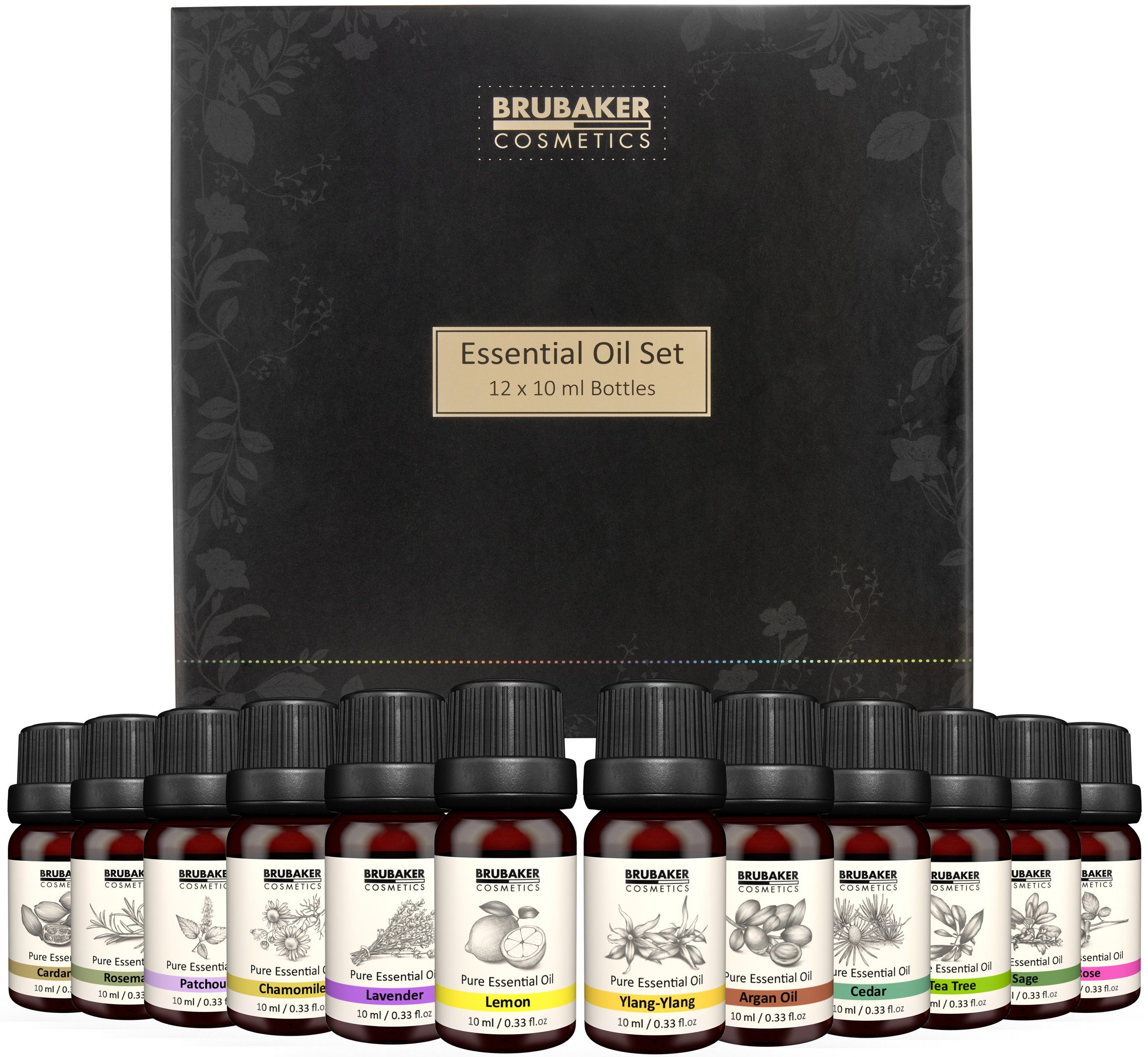 BRUBAKER Duftöl 12er-Set Ätherische Öle 12 x 10 ml (Patchouli Salbei Ylang-Ylang Kardamon Argan Teebaum, Lavendel Rose Rosmarin Kamille Zitrone Zeder), Ätherische Öle Aromatherapie Geschenkset