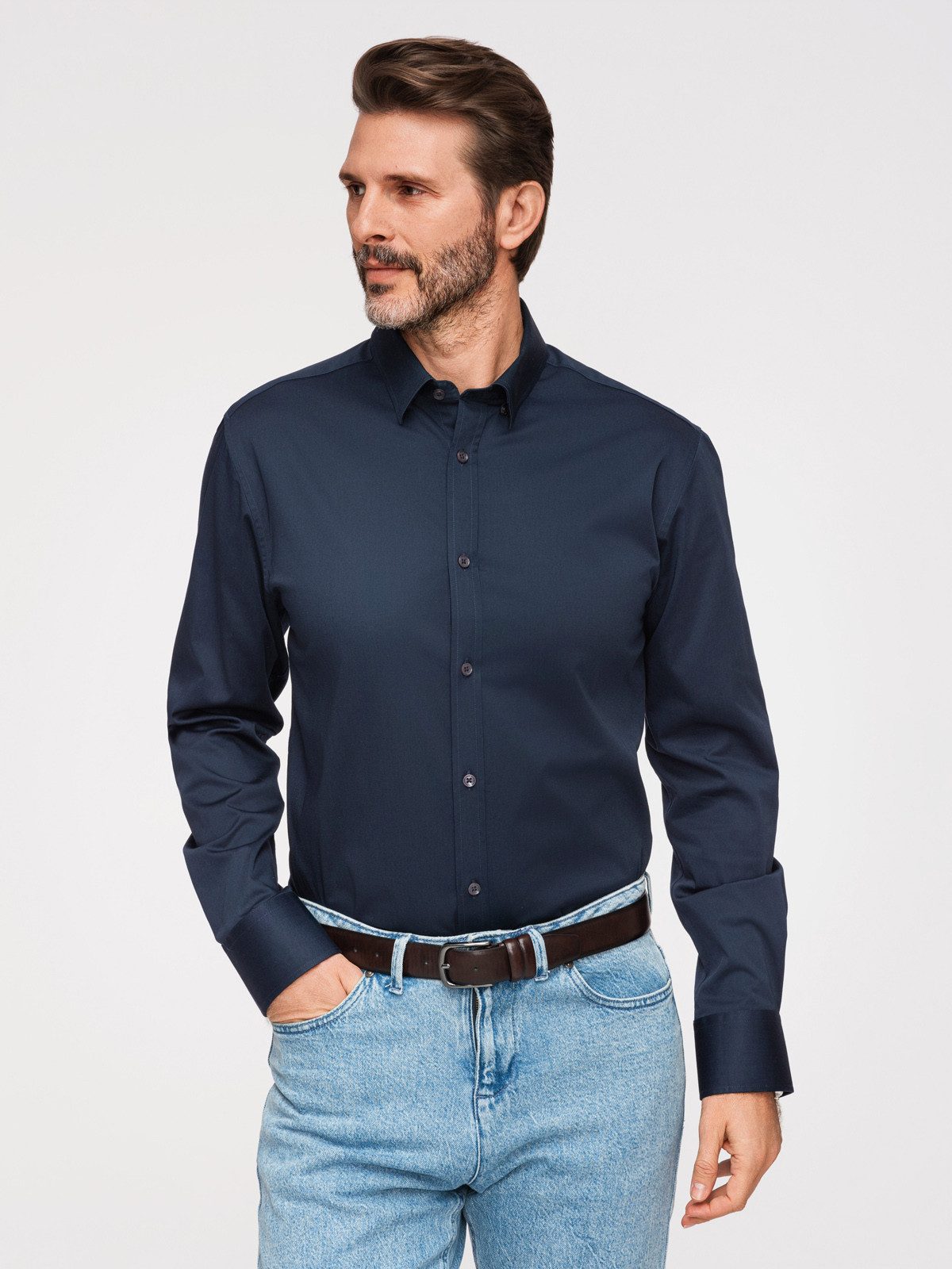 Businesshemd Herren Slim-Fit Businesshemd mit Kentkragen Navy L
