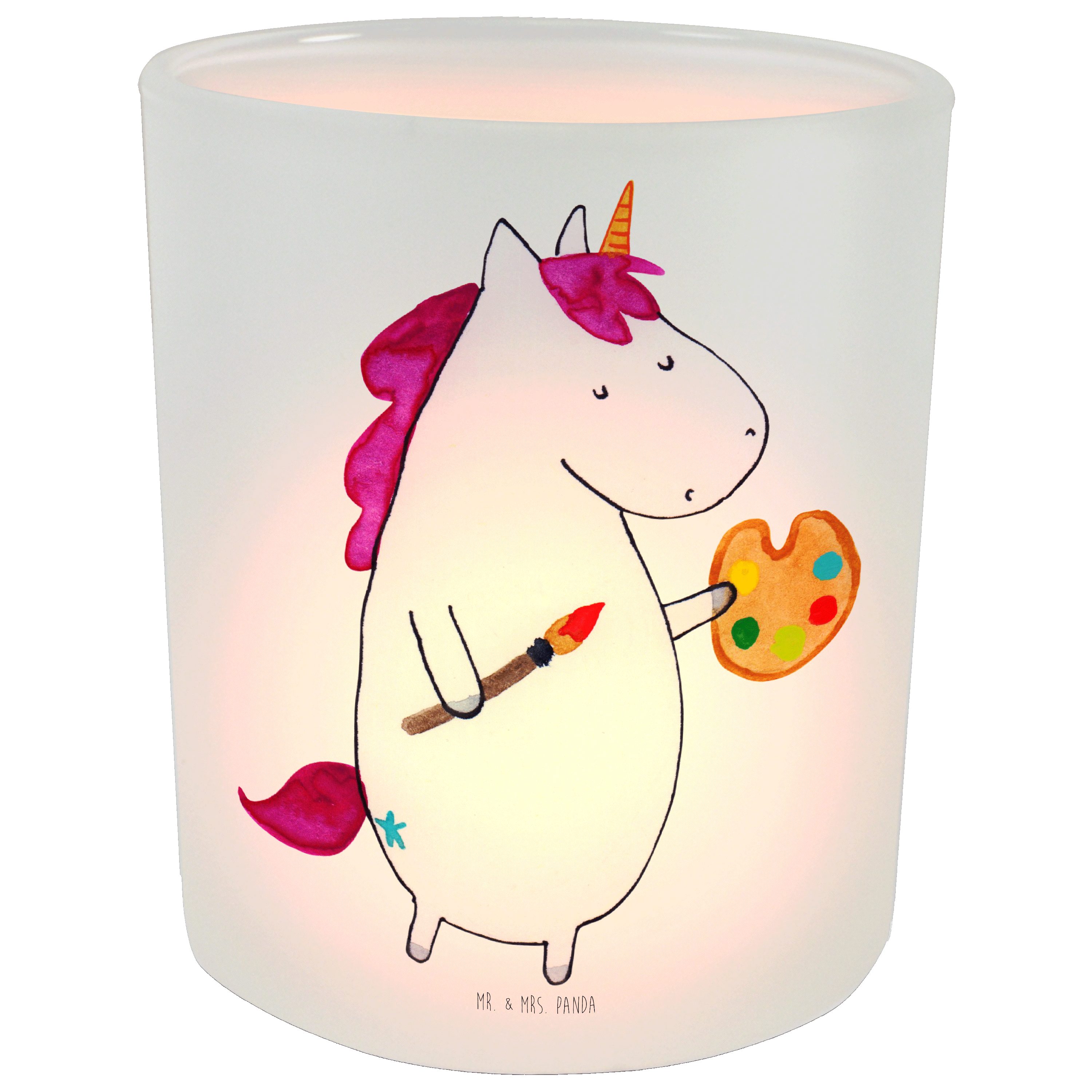 Mr. & Mrs. Panda Windlicht Einhorn Künstler - Transparent - Geschenk, Windlicht Glas, Teelichtgl (1 St), Gemütlich