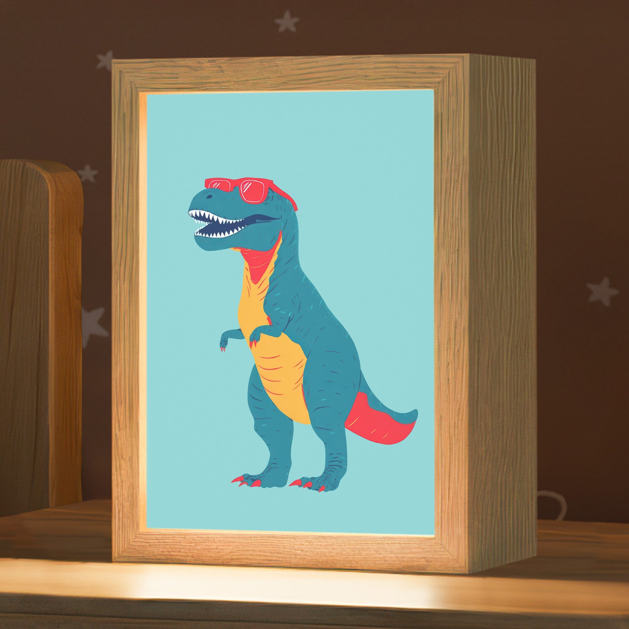 OnlyWow Nachttischlampe Lightbox Dinosaurier - Blau - Sonnenbrille - Jungen, Dimmbar, Farbwechsel, LED, Warmweiß, Kaltweiß, Neutralweiß Einstellbar, Kinderzimmer, Babyzimmer, Dimmbar, mit Kabel, Nachtlampe, LED