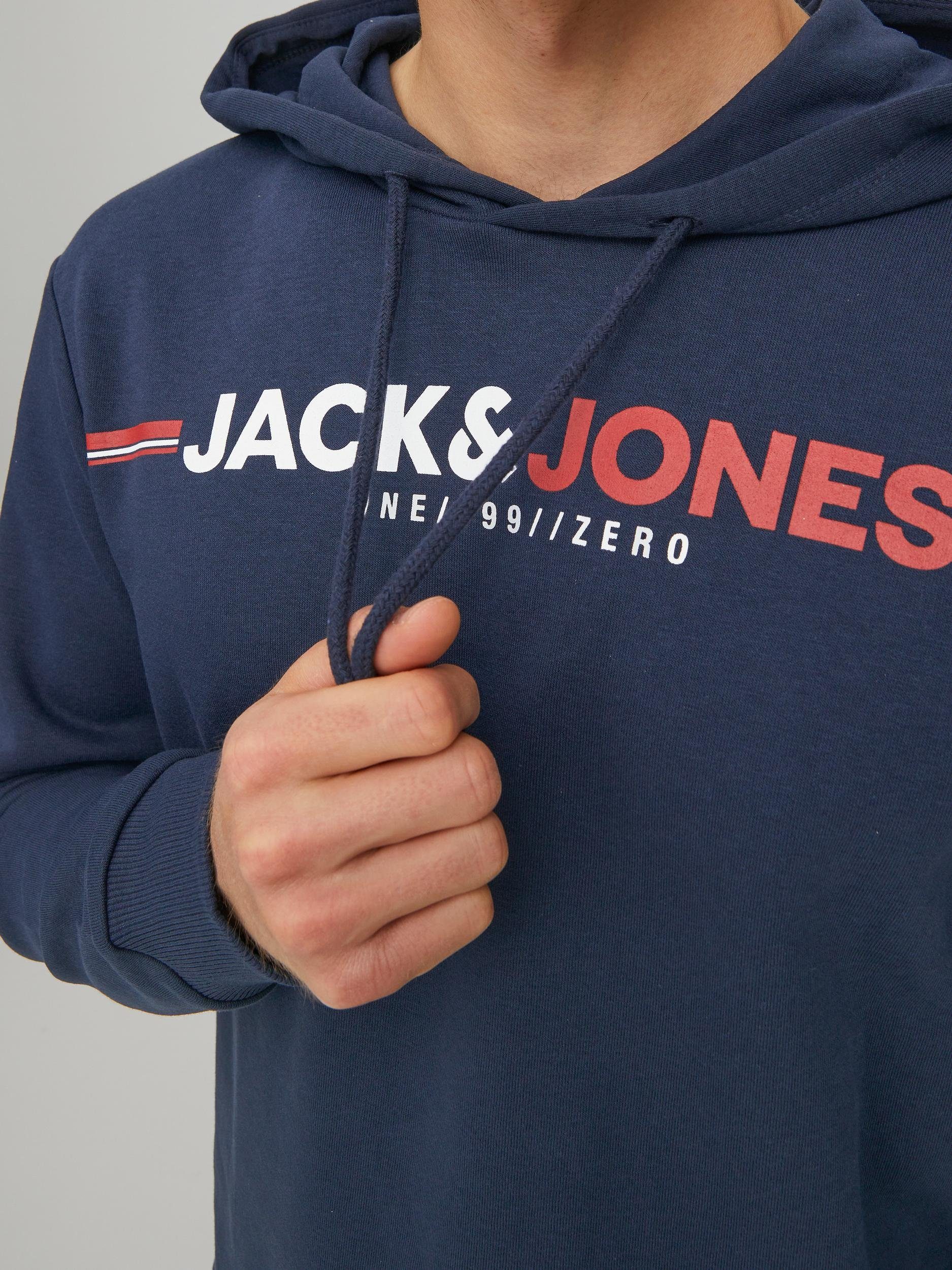 Sweatshirt blau Frederik Pullover in Hoodie mit Jack & Frontprint Jones
