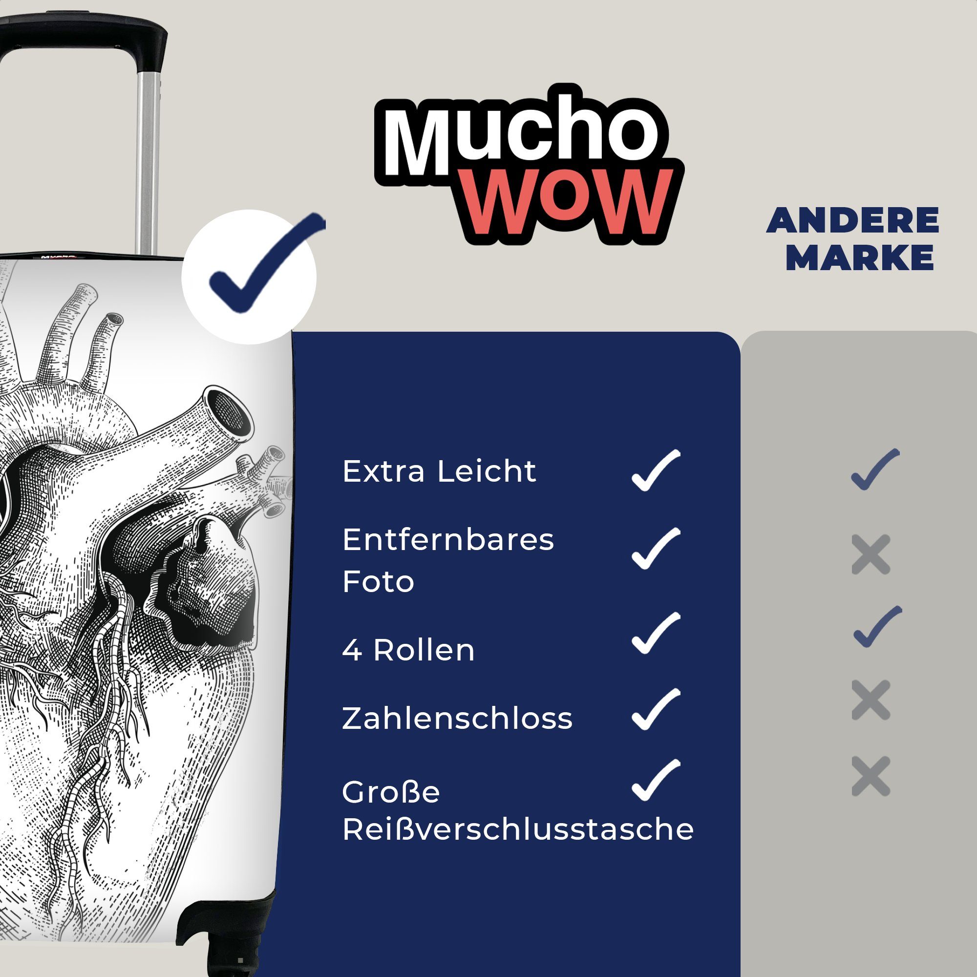 MuchoWow Handgepäckkoffer Eine Schwarz-Weiß-Illustration Ferien, 4 Reisetasche Rollen, Herzens, für eines Handgepäck mit rollen, Reisekoffer Trolley