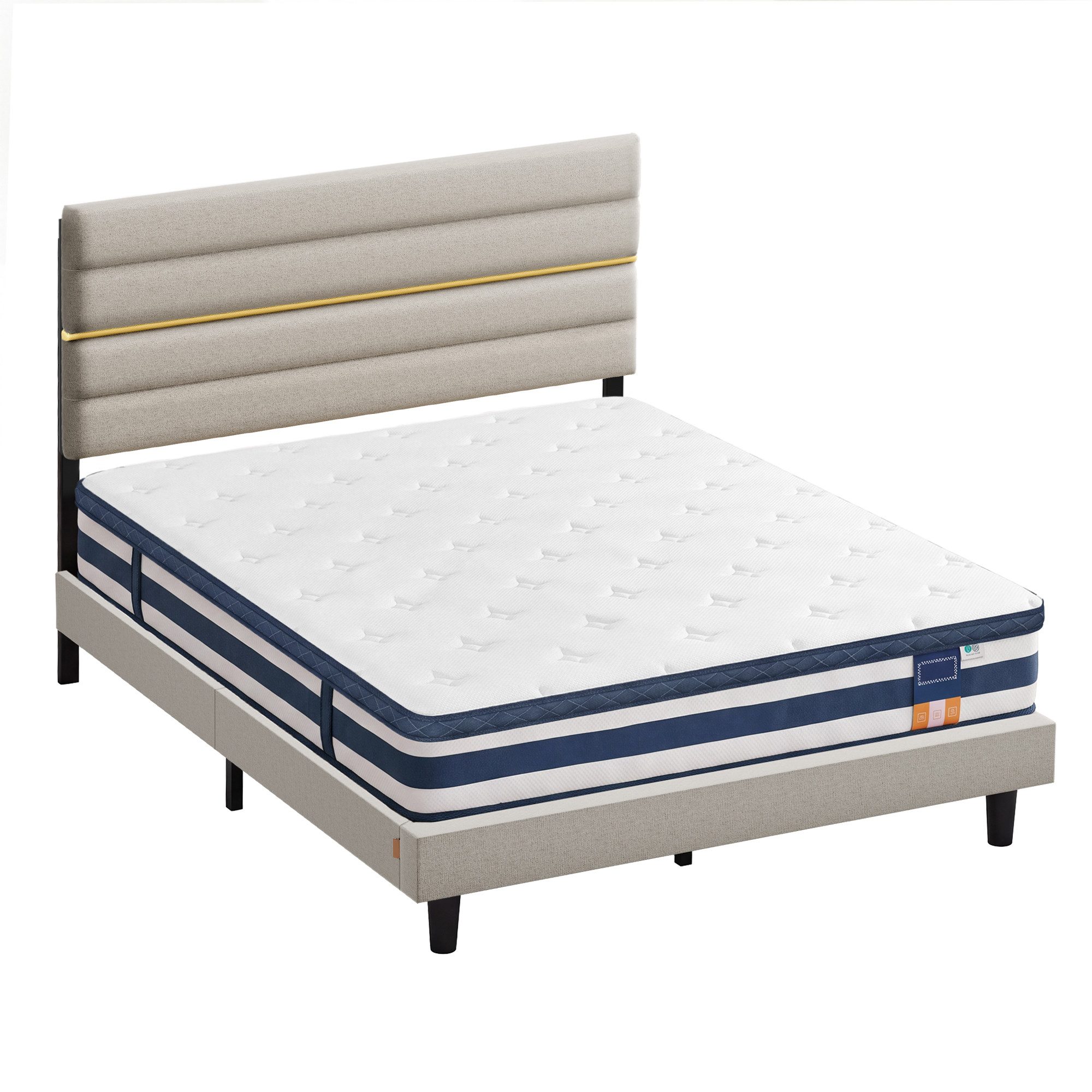 VASAGLE Polsterbett Doppelbettgestell verstellbares gepolstertes Kopfteil, Polsterbett und Matratze Set, mit Stauraum 160x200 cm