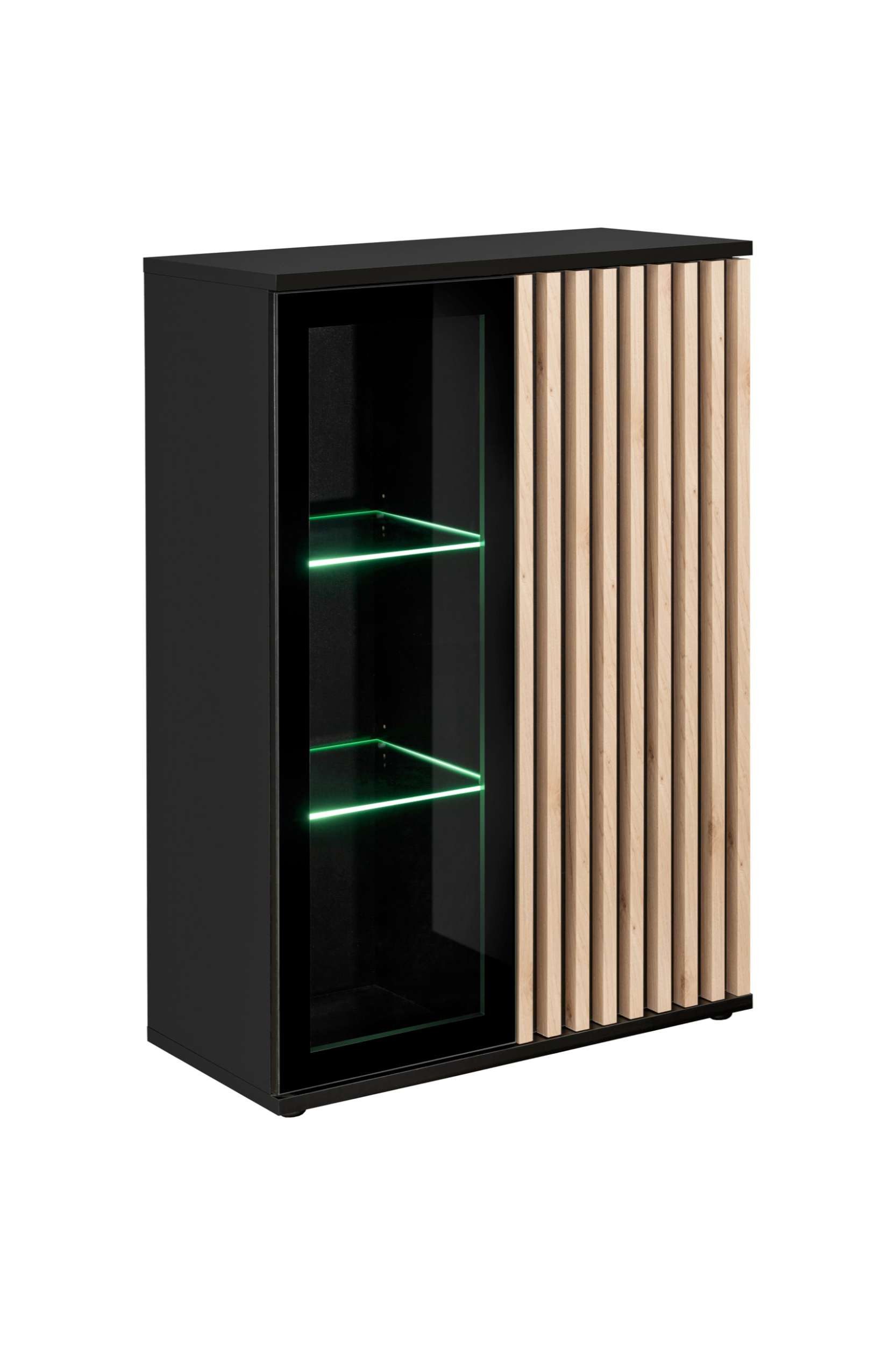 99rooms Vitrine Carmelo (Standvitrine, Wohnmöbel) mit 1 Glastür, 1 Holzwerkstofftür, mit LED-Beleuchtung, Push-to-Open