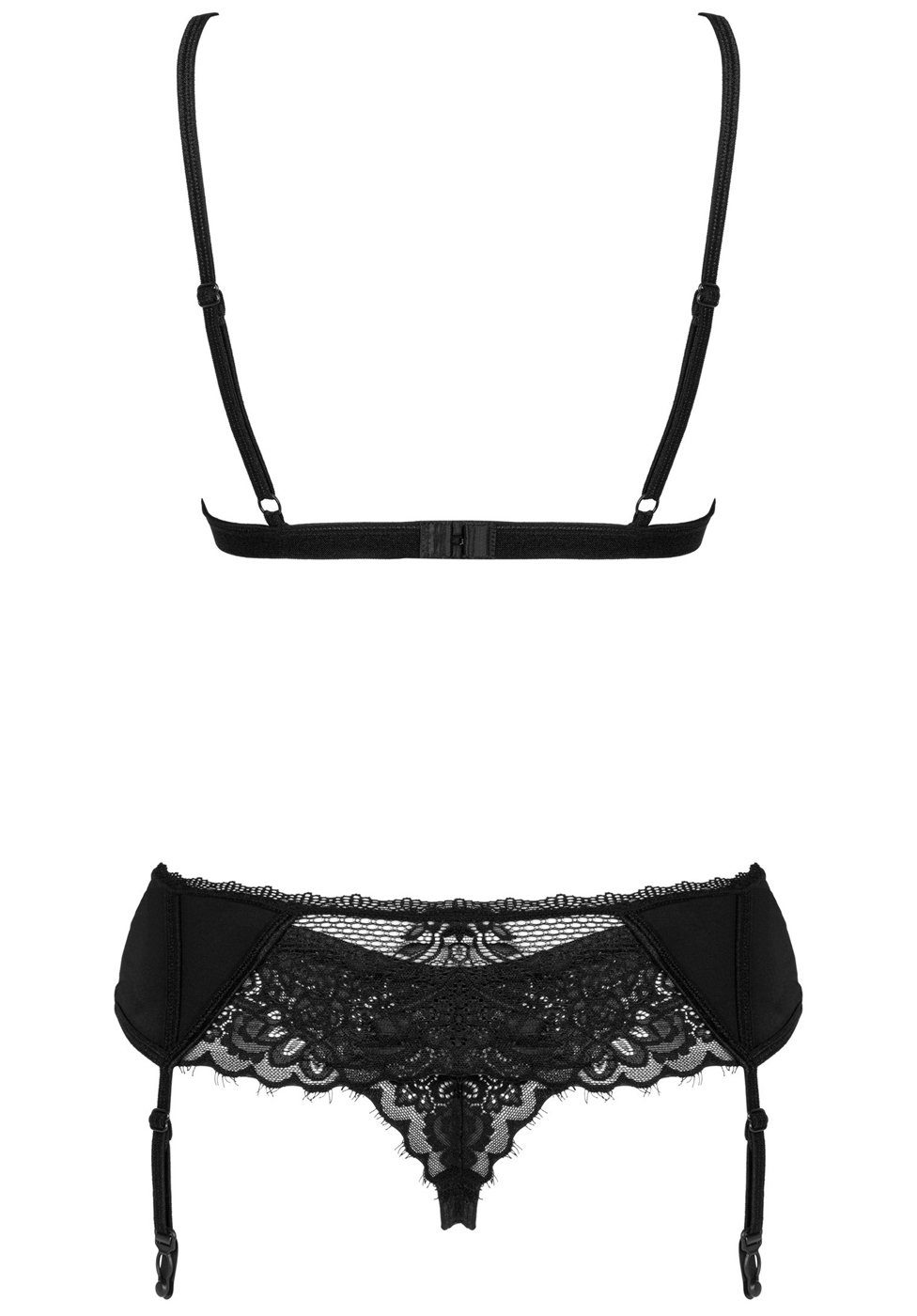 Obsessive Set: Bügelloser BH - Dessous-Set: String Maderris und Strumpfhalter BH, schwarz