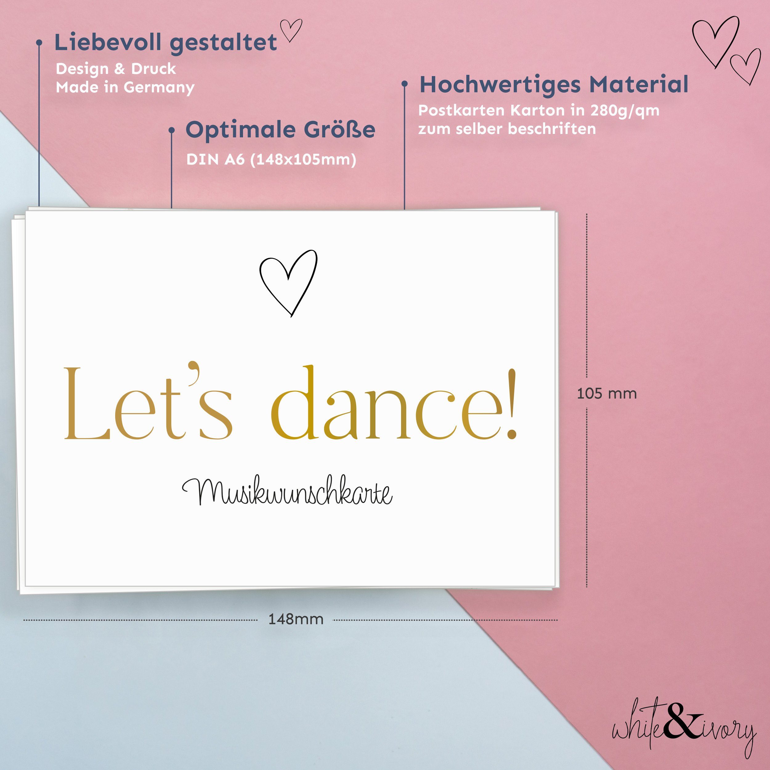 white & ivory Papierdekoration Musikwunschkarte, Herz gold, 50 Stück, beschreibbar