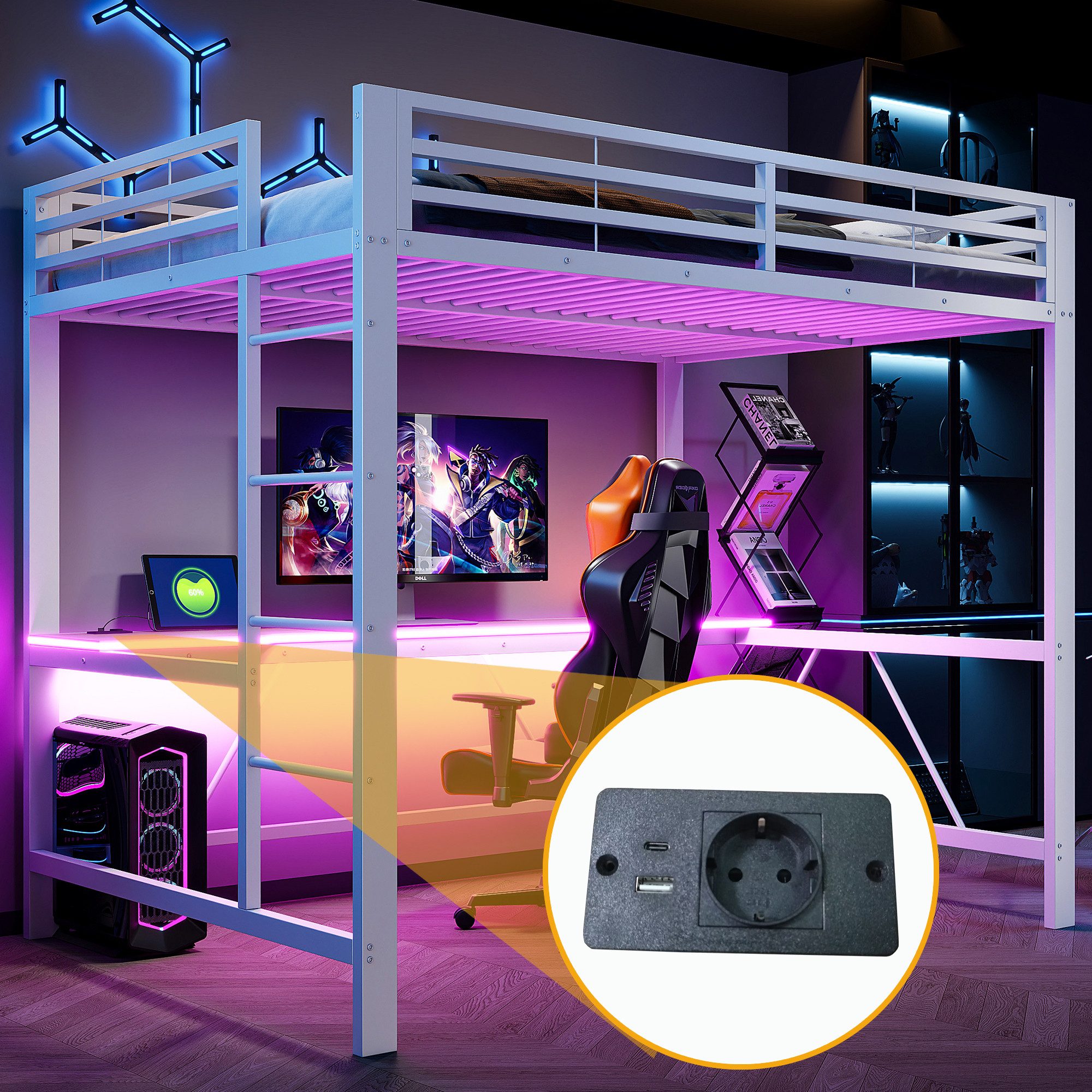 Merax Hochbett mit LED-Beleuchtung & USB-Ladestation (Jugendbett Einzelbett Mehrzweckbett, 1-St) Metallbett Kinderbett 140x200cm mit Schreibtisch Leiter & Schutzgitter