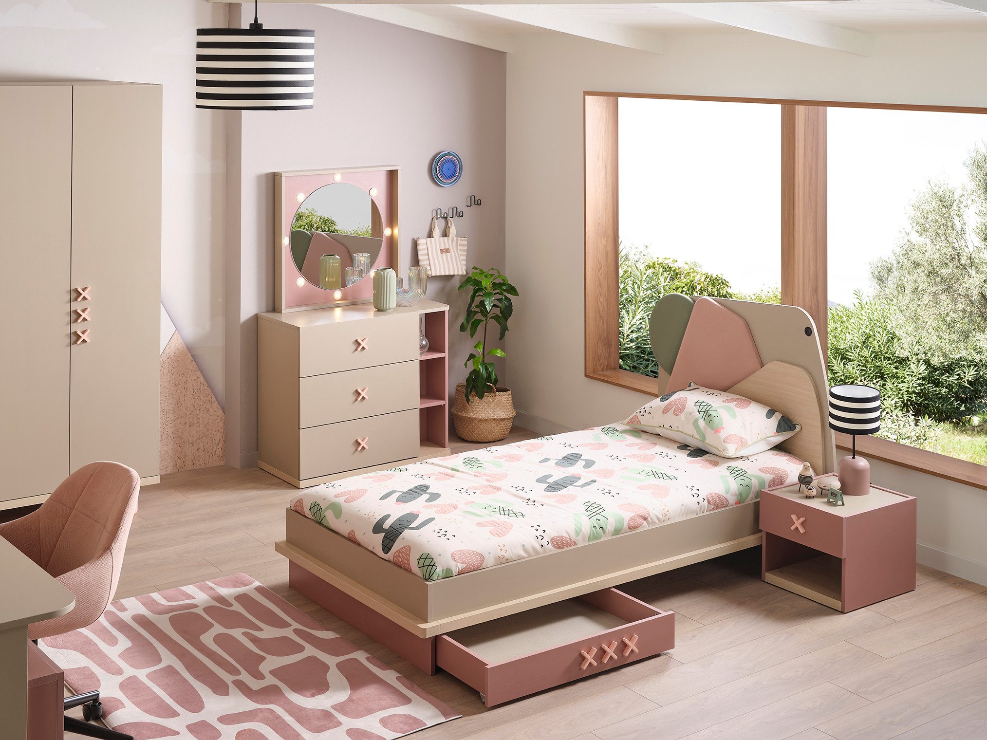 Möbel-Zeit Nachtkommode NORDIC Nachttisch in Beige & Rosa – 1 Schublade & offenes Fach