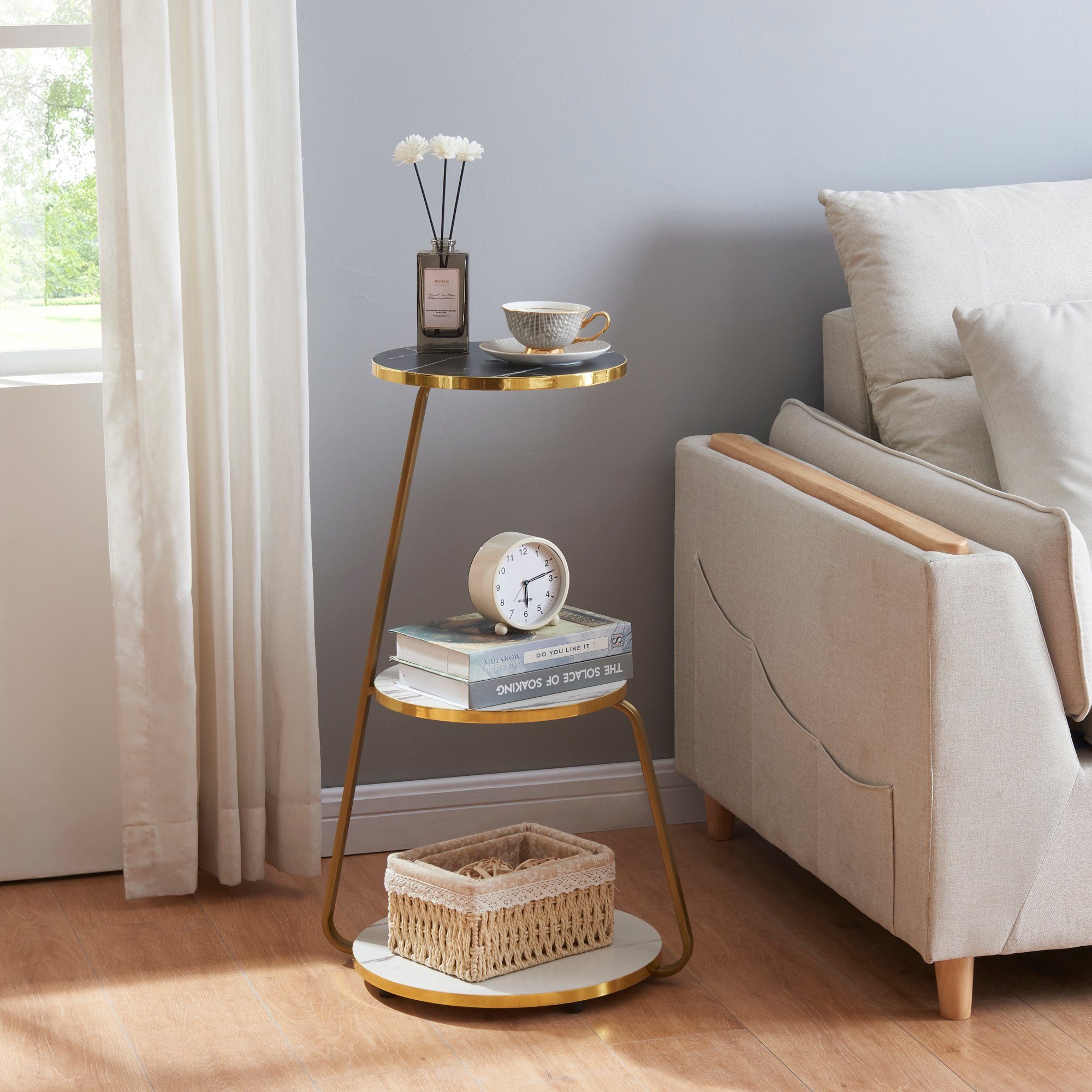 en.casa Beistelltisch, »Sipoo« Sofatisch mit 3 Ebenen 74x46x37cm Marmor Wei günstig online kaufen