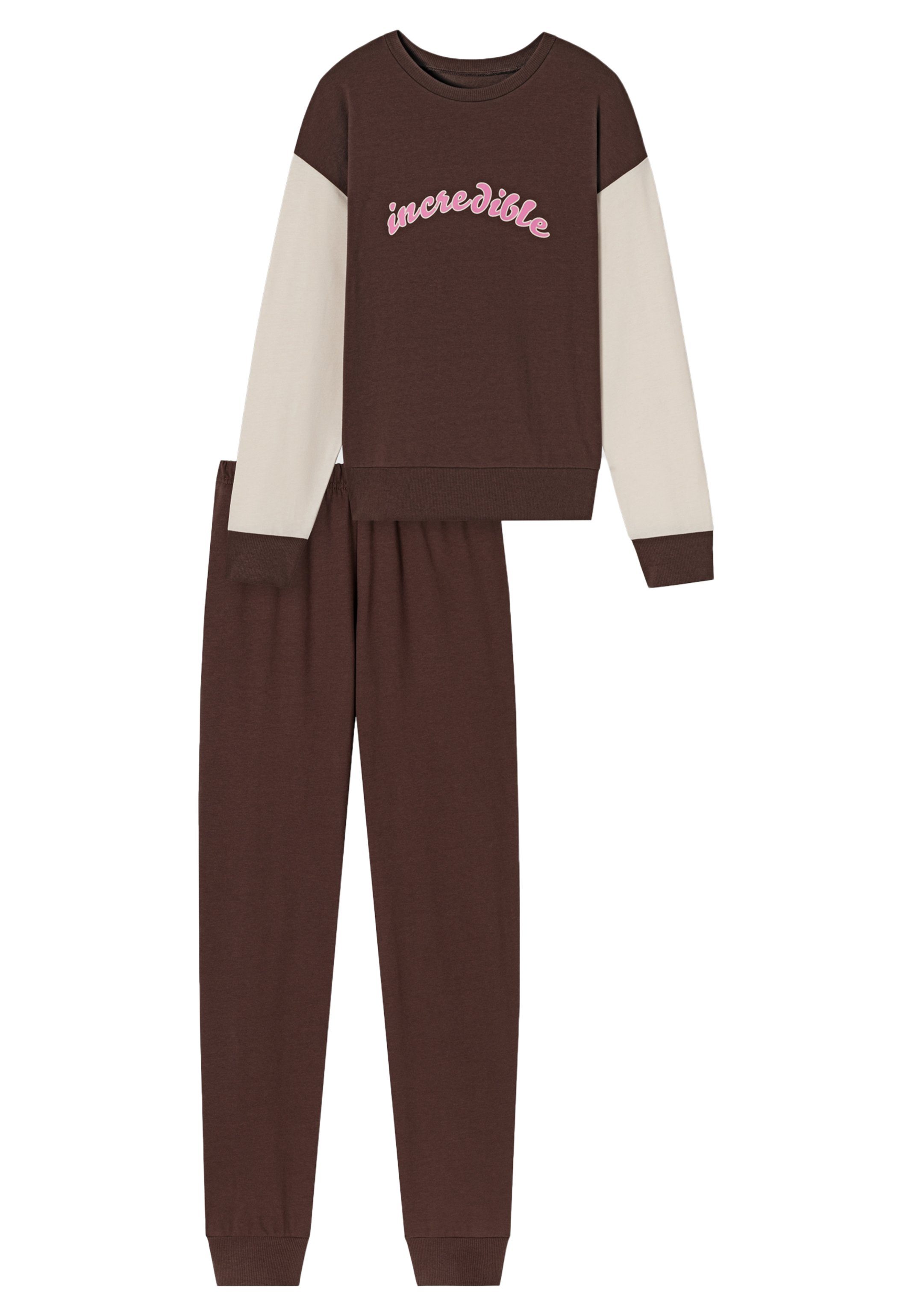 Schiesser Pyjama Nightwear Organic Cotton (Set, 2 tlg) Schlafanzug - Baumwolle - Langarmshirt mit Brust-Print Braun