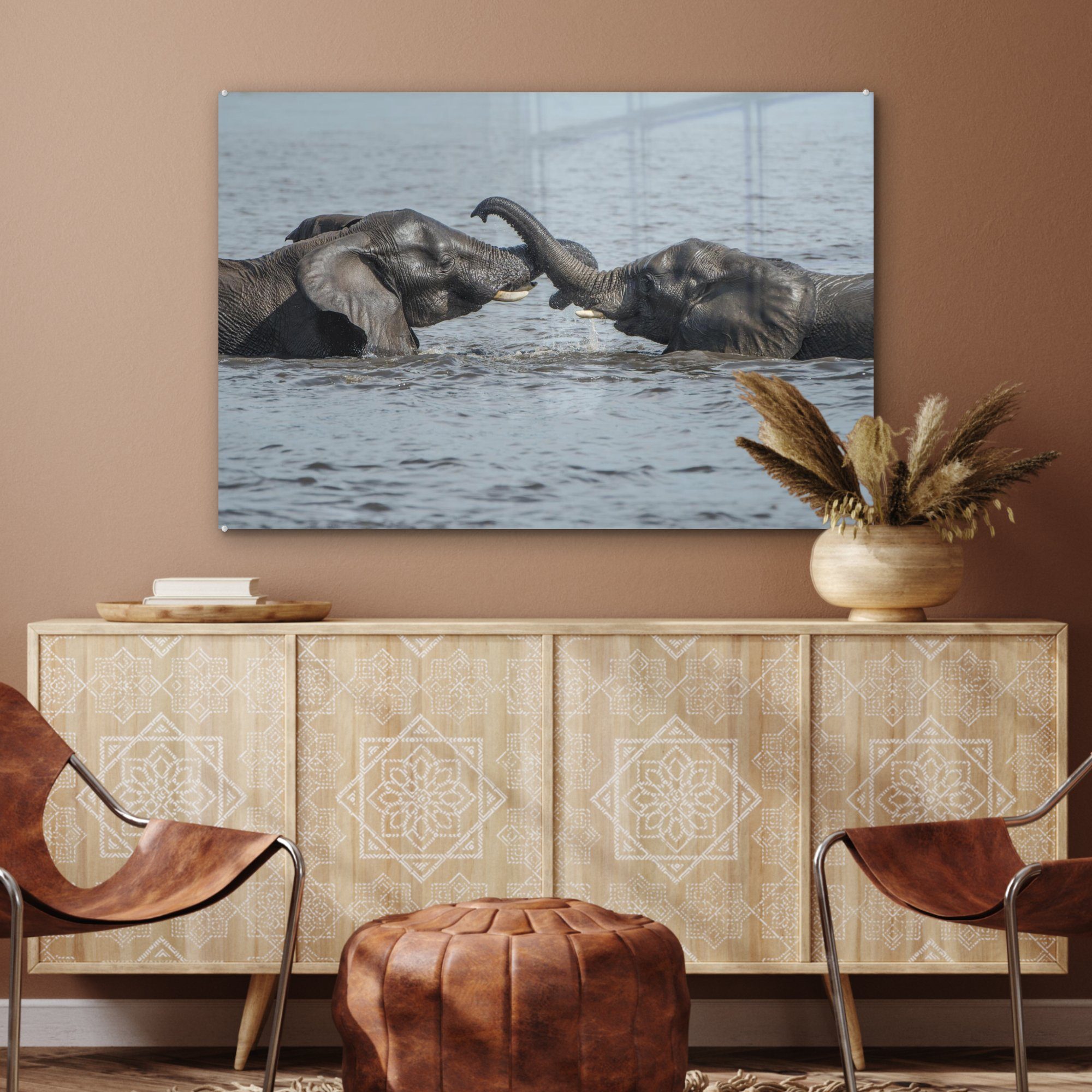 Wohnzimmer Elefant Wasser, - St), - MuchoWow (1 Fluss Acrylglasbilder Schlafzimmer Acrylglasbild &